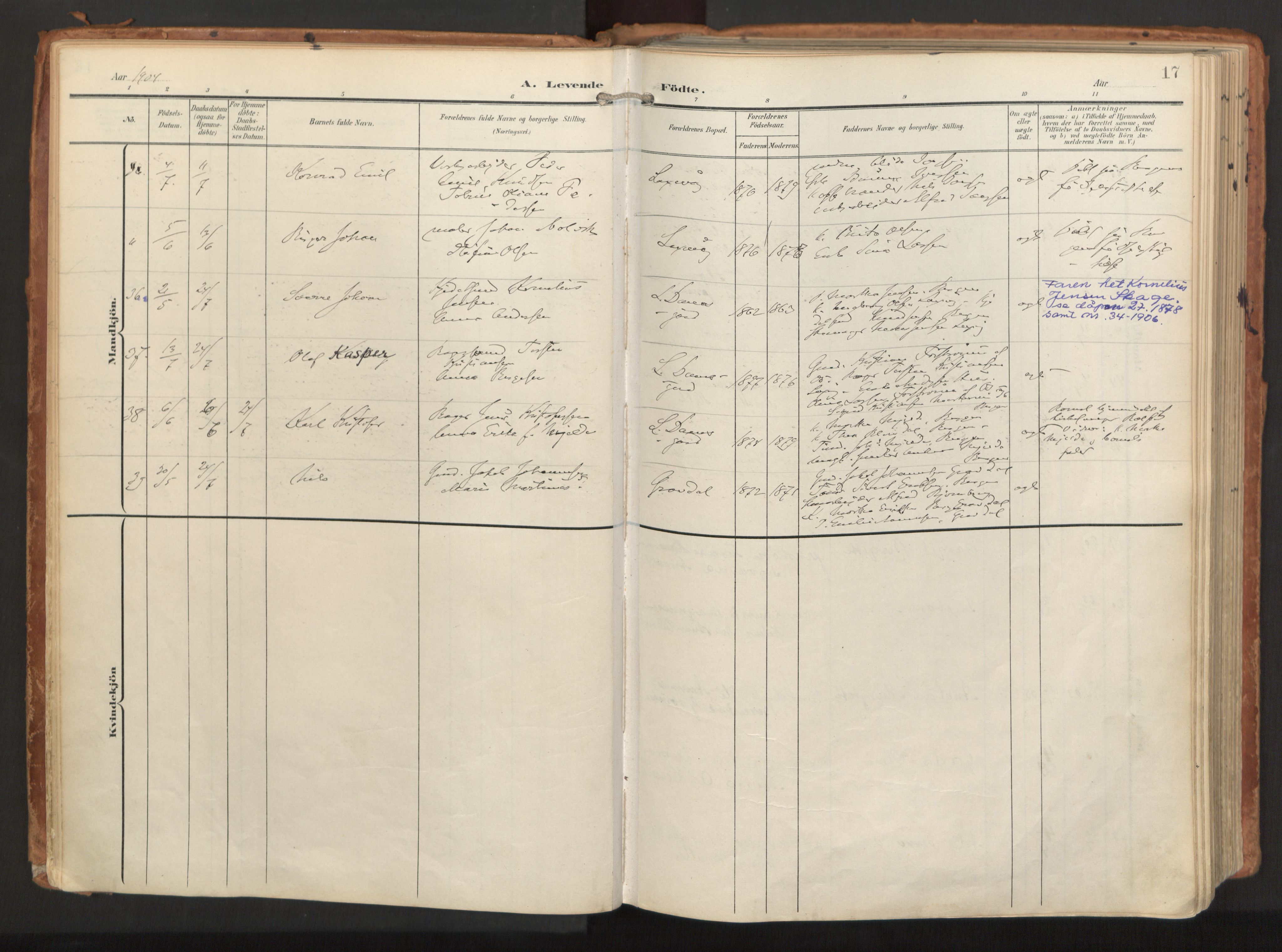 Laksevåg Sokneprestembete, AV/SAB-A-76501/H/Ha/Haa/Haaa/L0001: Parish register (official) no. A 1, 1903-1917, p. 17