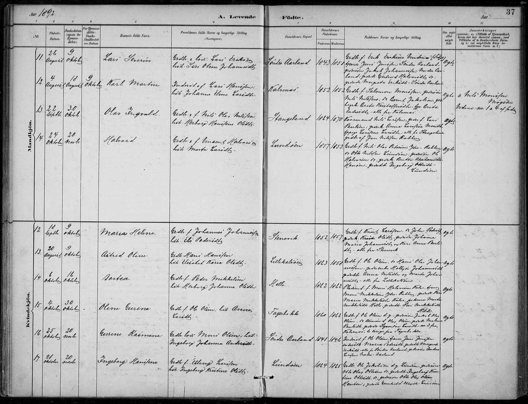 Sund sokneprestembete, AV/SAB-A-99930: Parish register (official) no. D 1, 1882-1899, p. 37