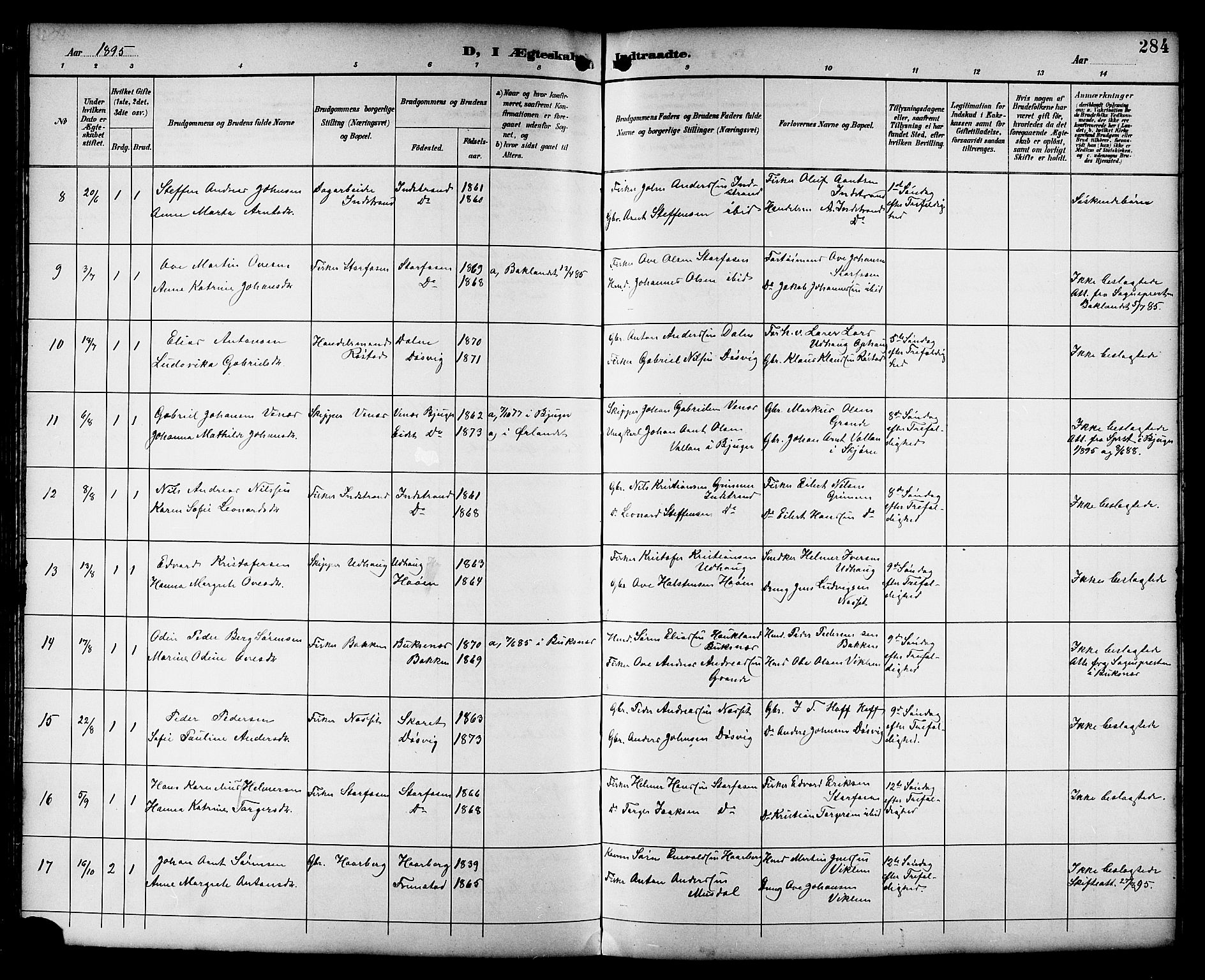 Ministerialprotokoller, klokkerbøker og fødselsregistre - Sør-Trøndelag, AV/SAT-A-1456/659/L0746: Parish register (copy) no. 659C03, 1893-1912, p. 284