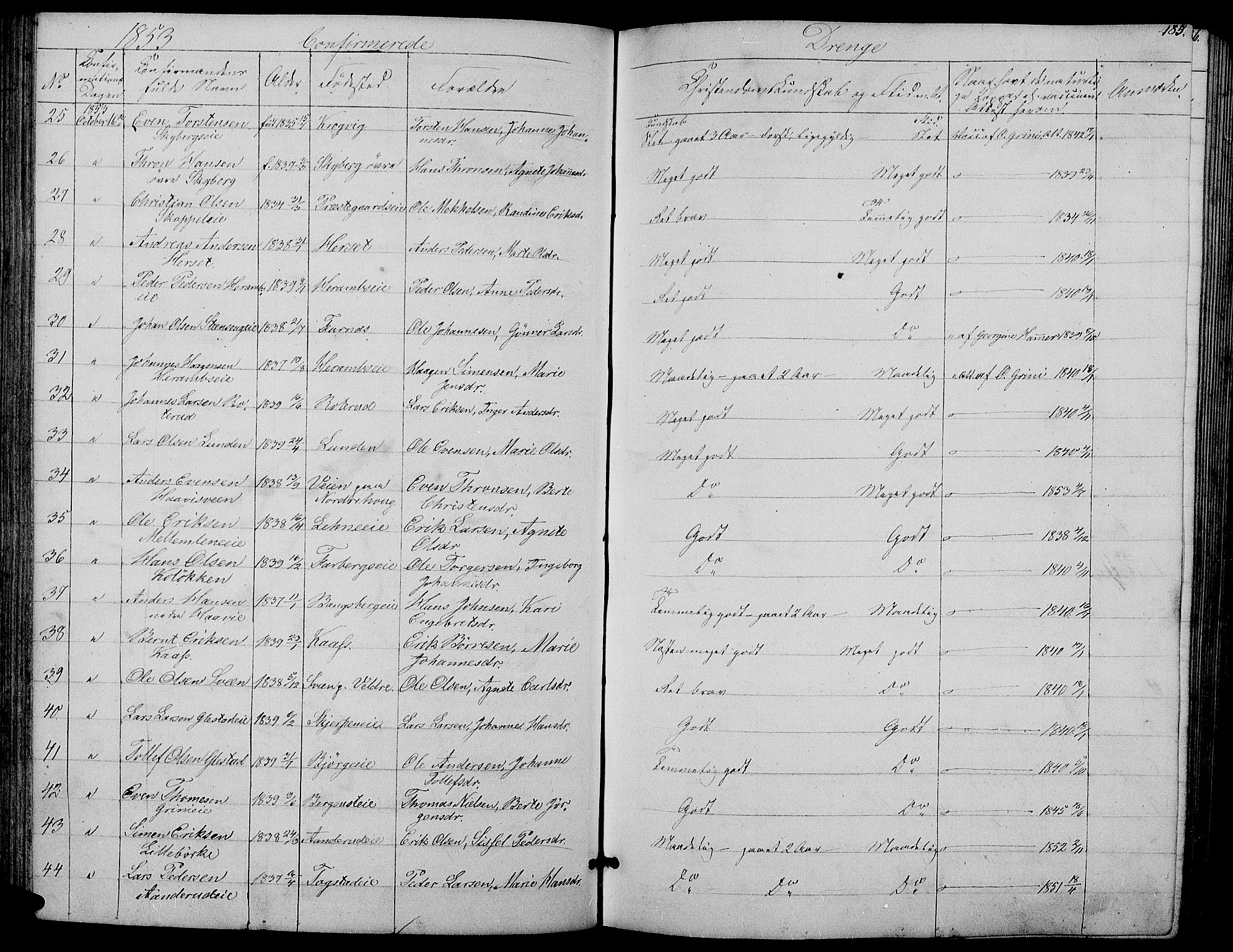 Ringsaker prestekontor, SAH/PREST-014/L/La/L0006: Parish register (copy) no. 6, 1851-1860, p. 185