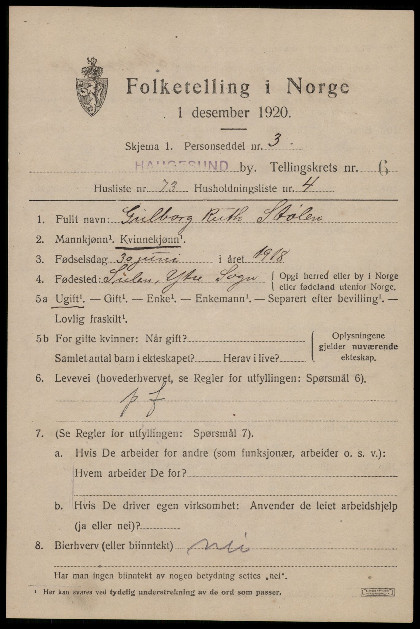 SAST, 1920 census for Haugesund, 1920, p. 22943