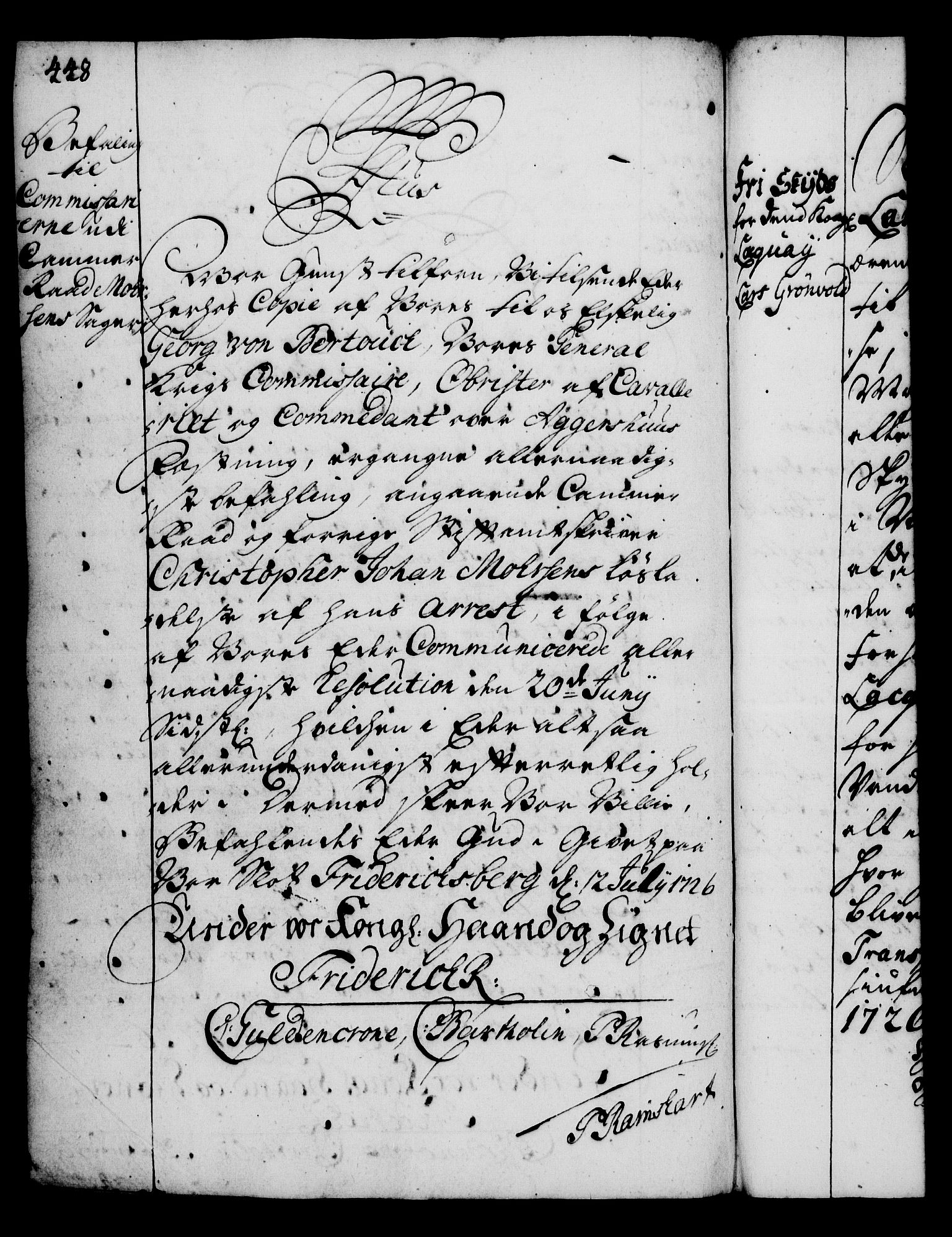 Rentekammeret, Kammerkanselliet, RA/EA-3111/G/Gg/Gga/L0002: Norsk ekspedisjonsprotokoll med register (merket RK 53.2), 1723-1727, p. 448