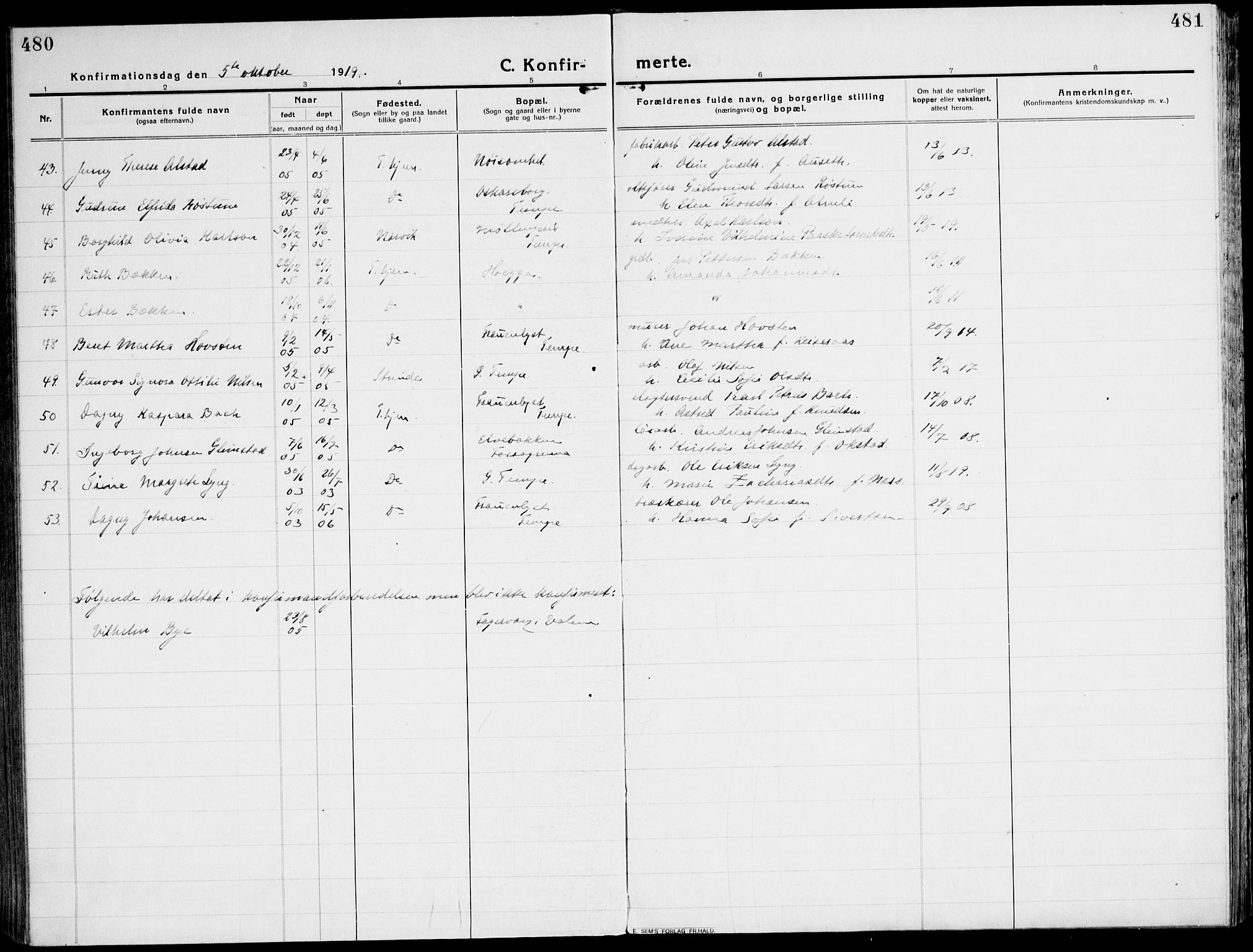 Ministerialprotokoller, klokkerbøker og fødselsregistre - Sør-Trøndelag, AV/SAT-A-1456/607/L0321: Parish register (official) no. 607A05, 1916-1935, p. 480-481