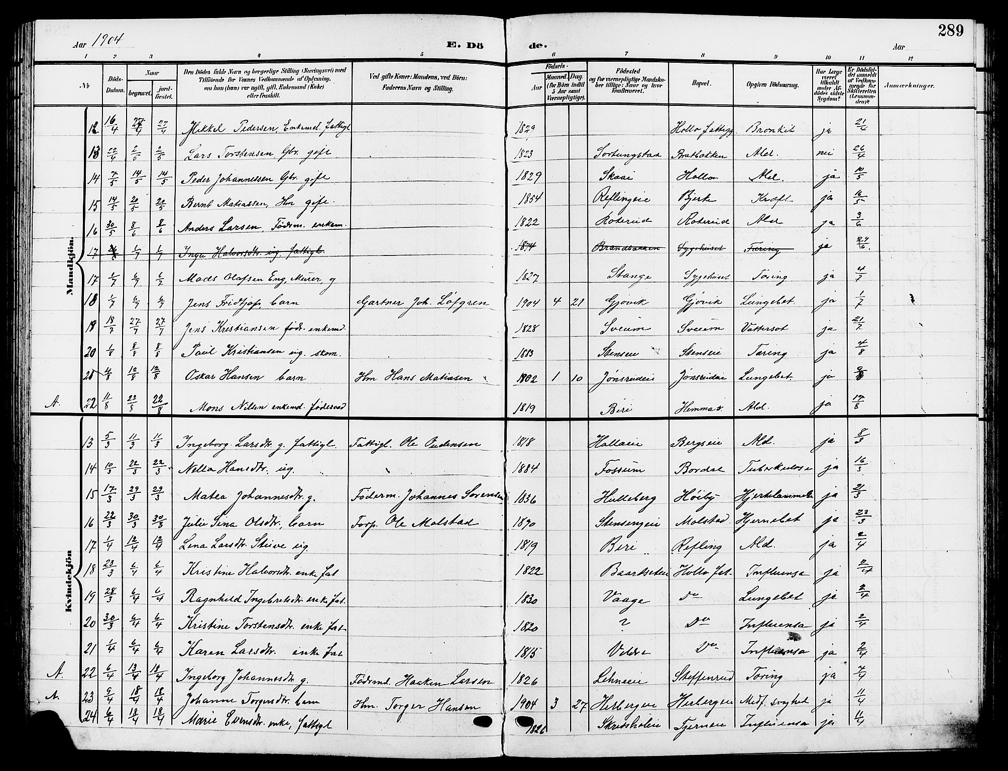 Ringsaker prestekontor, SAH/PREST-014/L/La/L0015: Parish register (copy) no. 15, 1903-1912, p. 289