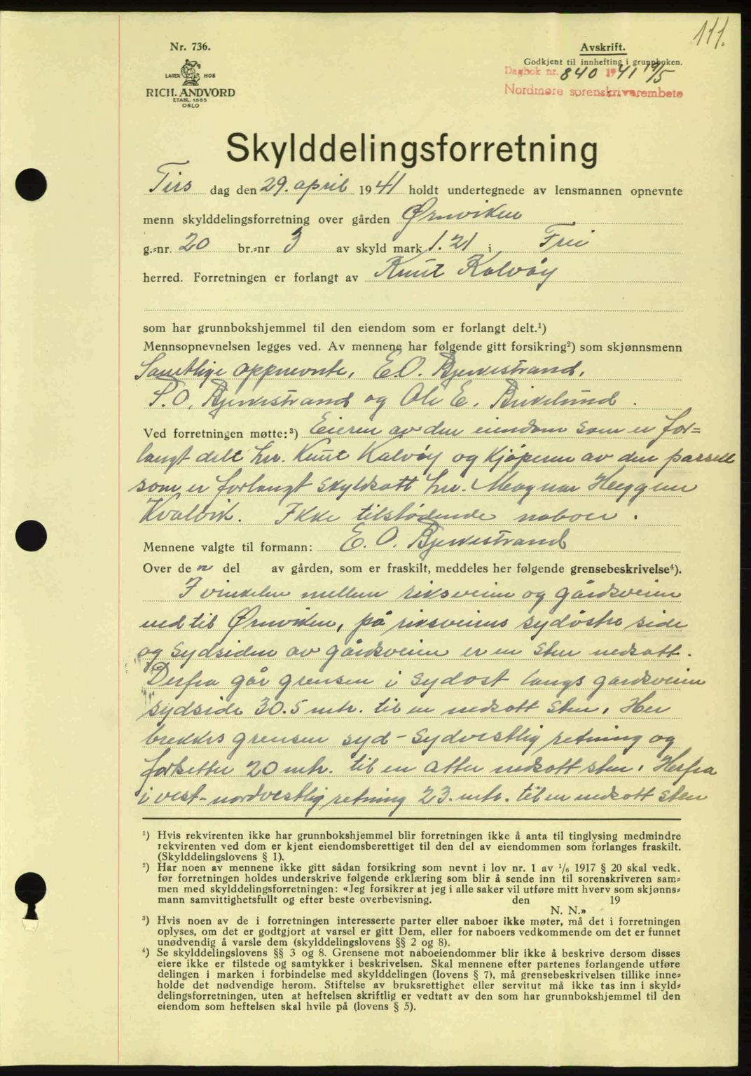 Nordmøre sorenskriveri, SAT/A-4132/1/2/2Ca: Mortgage book no. A90, 1941-1941, Diary no: : 840/1941