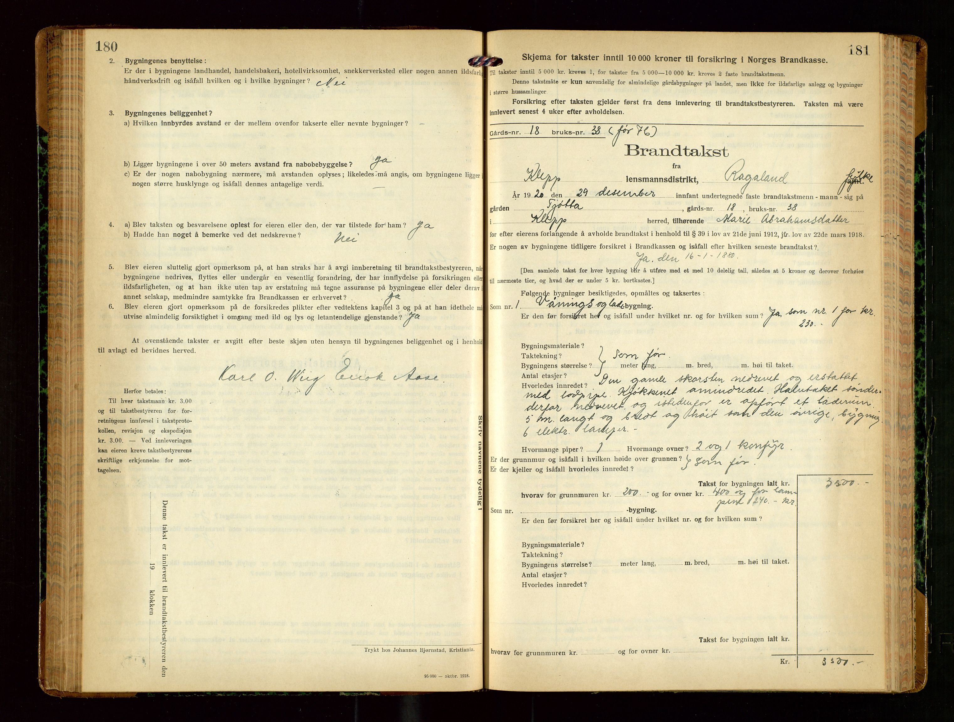 Klepp lensmannskontor, AV/SAST-A-100163/Goc/L0010: "Brandtakstprotokoll" m/register, 1919-1924, p. 180-181