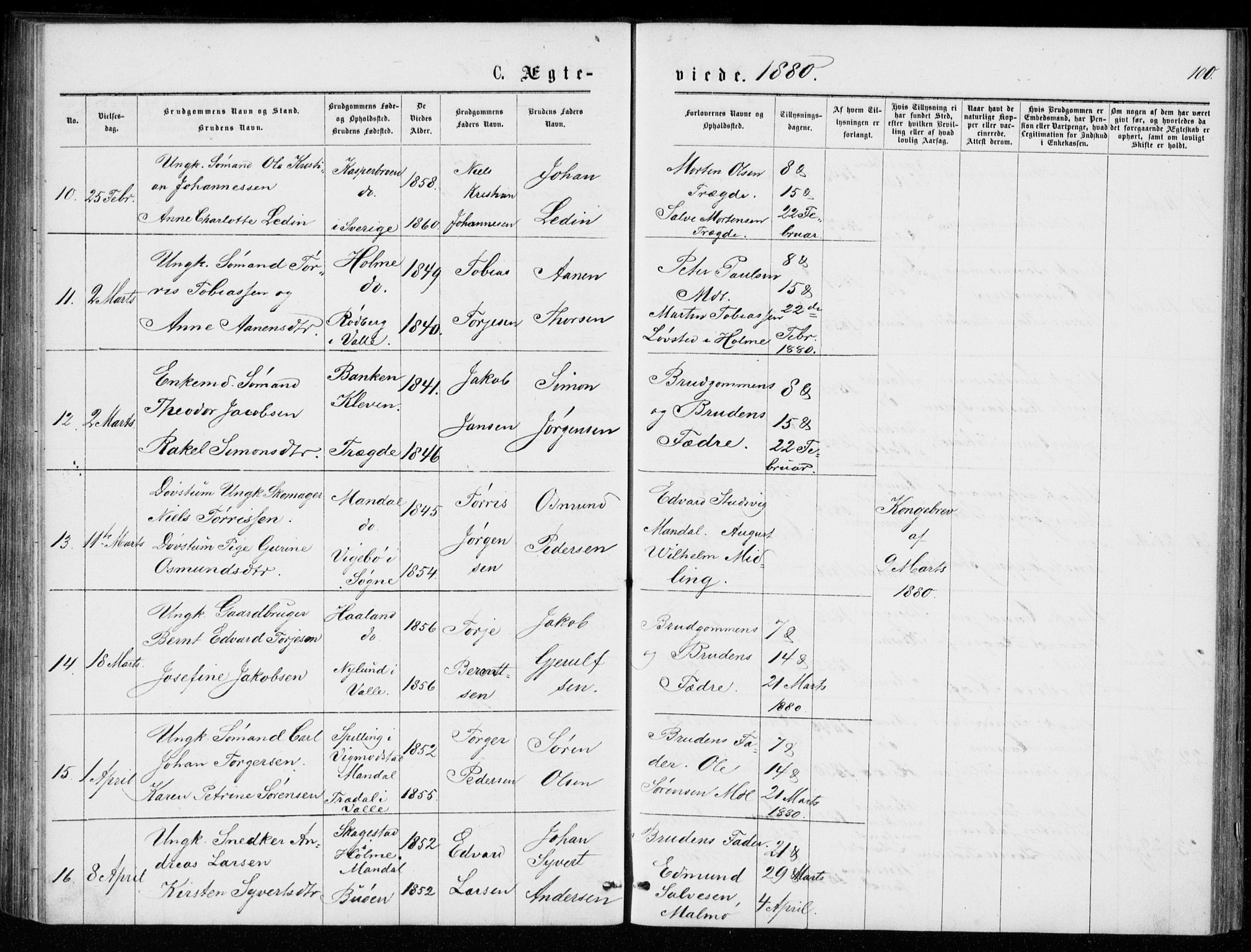 Mandal sokneprestkontor, AV/SAK-1111-0030/F/Fb/Fba/L0010: Parish register (copy) no. B 4, 1876-1880, p. 100