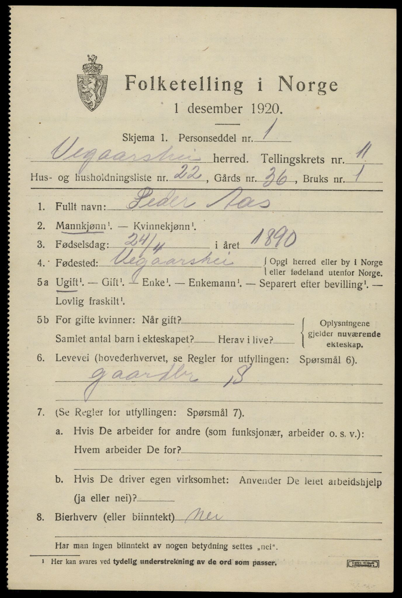 SAK, 1920 census for Vegårshei, 1920, p. 3712
