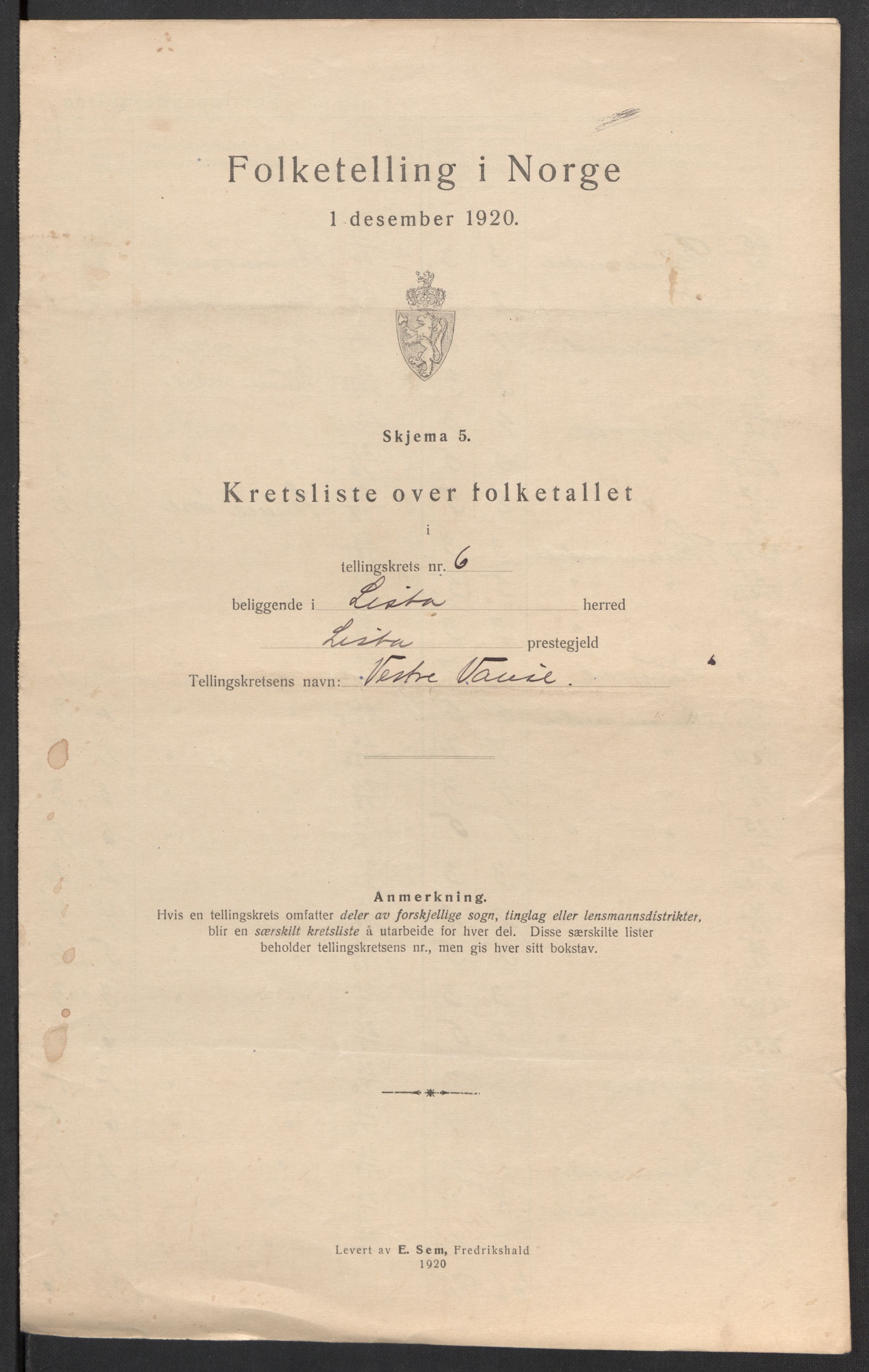 SAK, 1920 census for Lista, 1920, p. 27