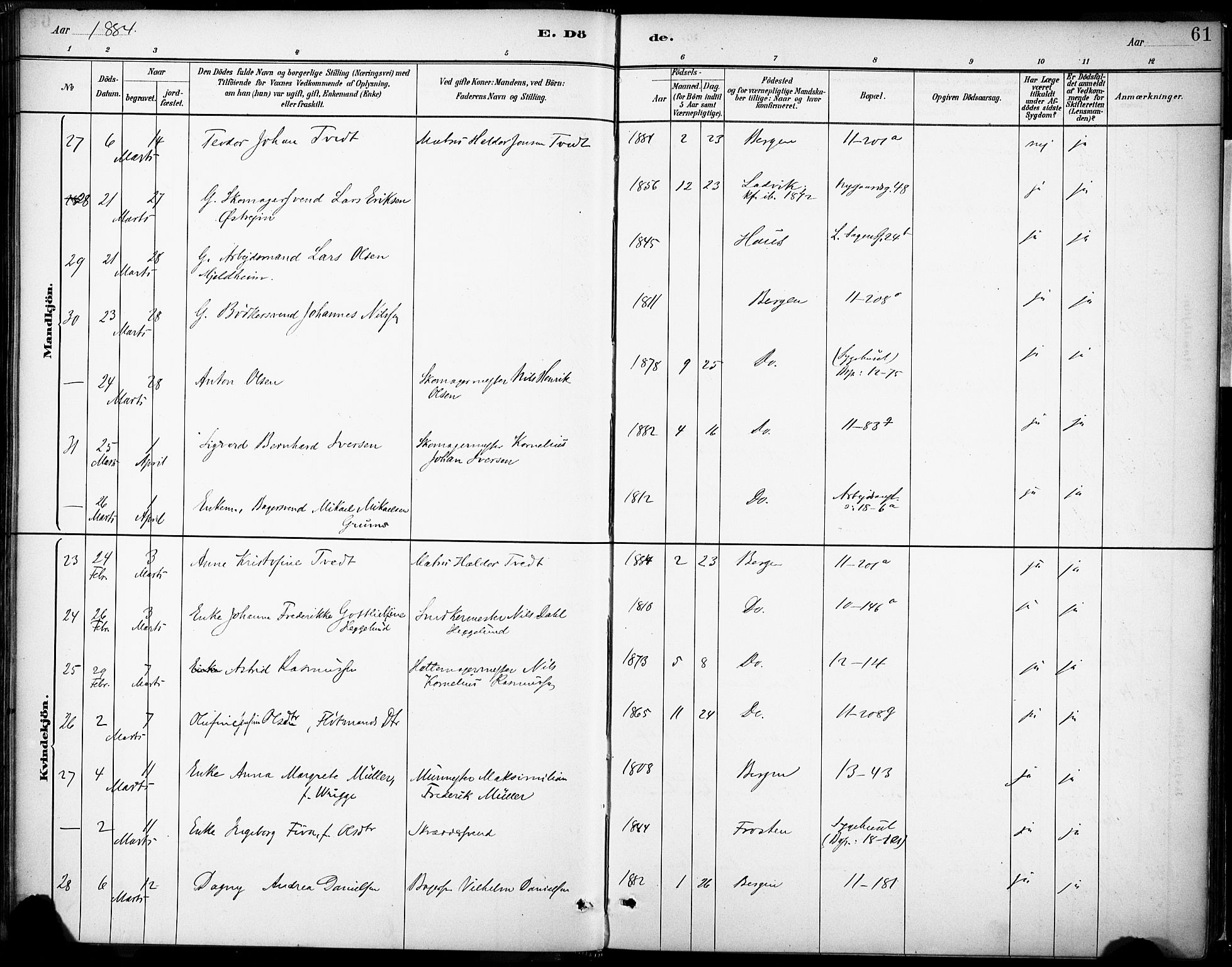 Domkirken sokneprestembete, AV/SAB-A-74801/H/Haa/L0043: Parish register (official) no. E 5, 1882-1904, p. 61