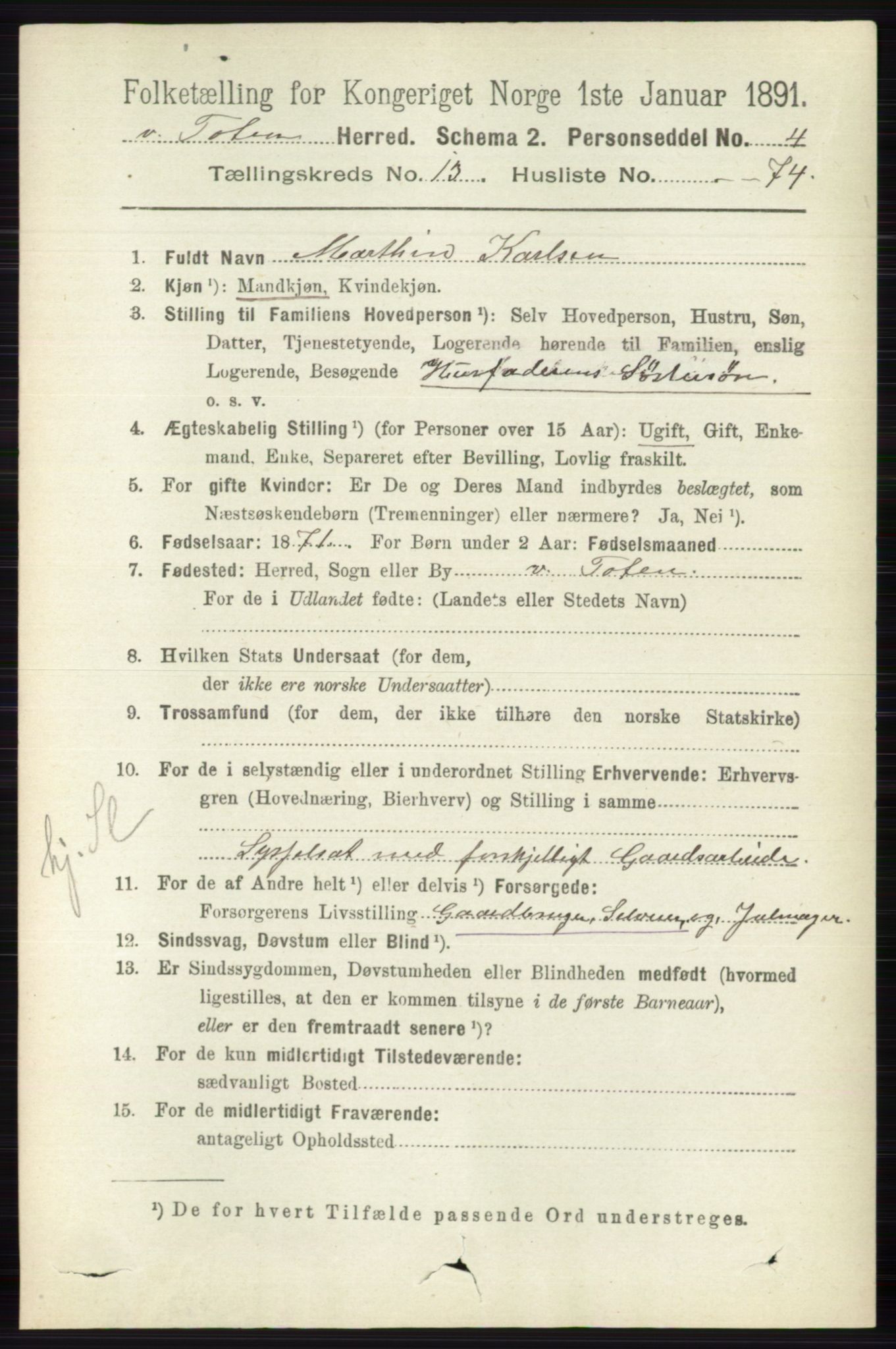RA, 1891 census for 0529 Vestre Toten, 1891, p. 8222