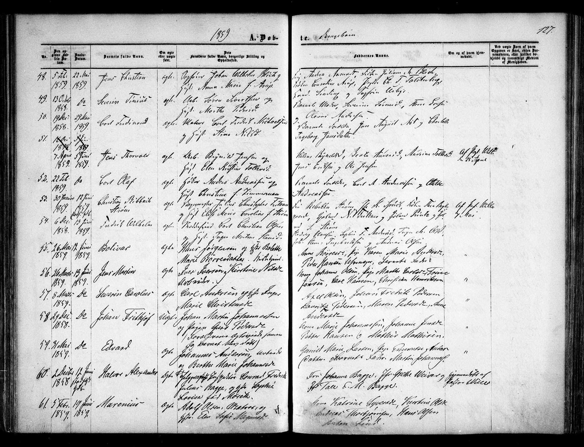 Halden prestekontor Kirkebøker, SAO/A-10909/F/Fa/L0007: Parish register (official) no. I 7, 1857-1865, p. 127