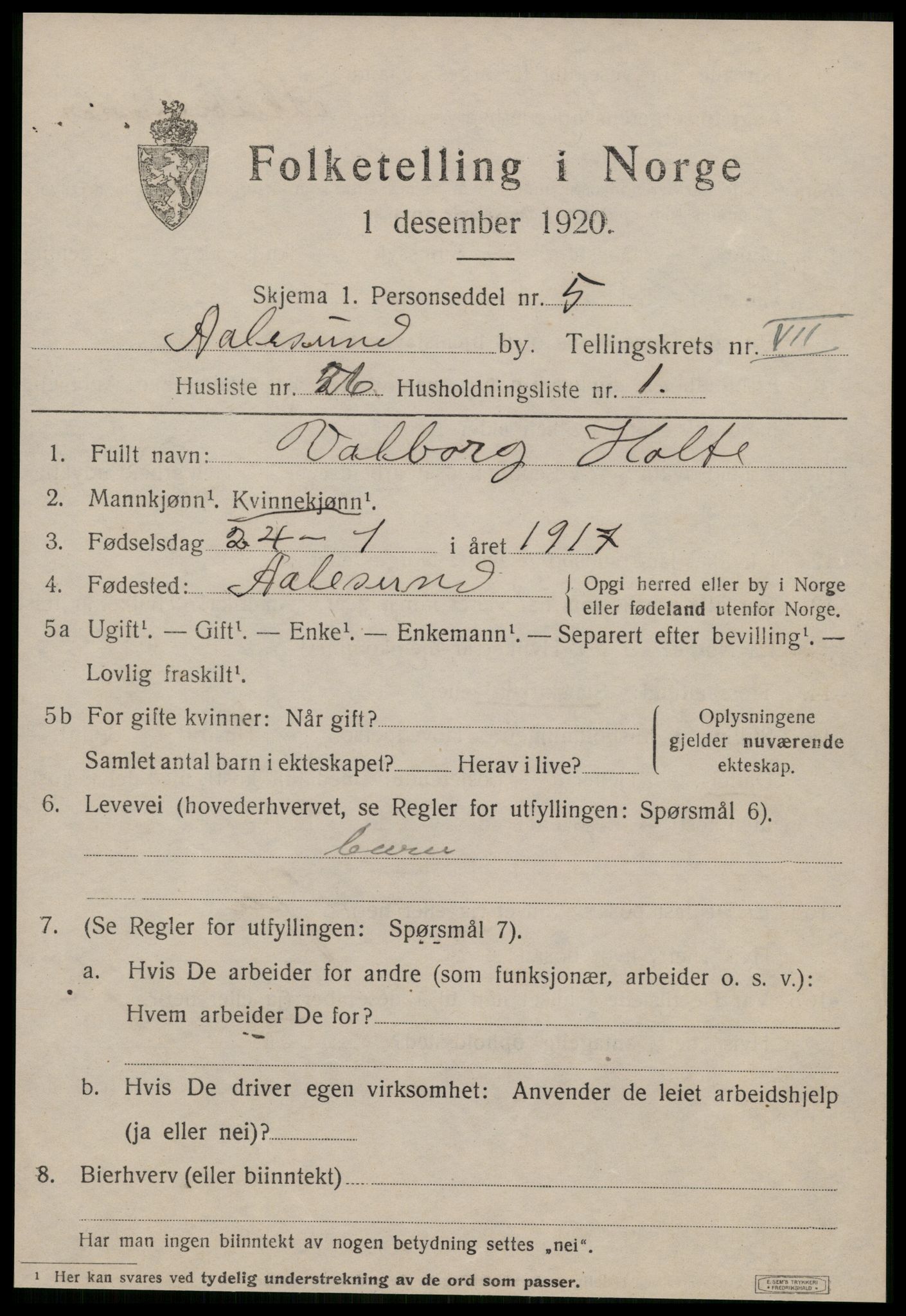 SAT, 1920 census for Ålesund, 1920, p. 20050