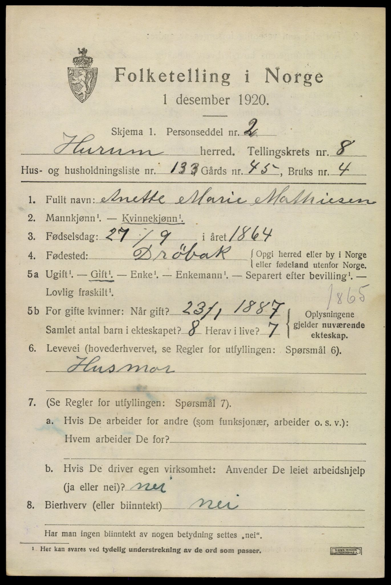 SAKO, 1920 census for Hurum, 1920, p. 11848