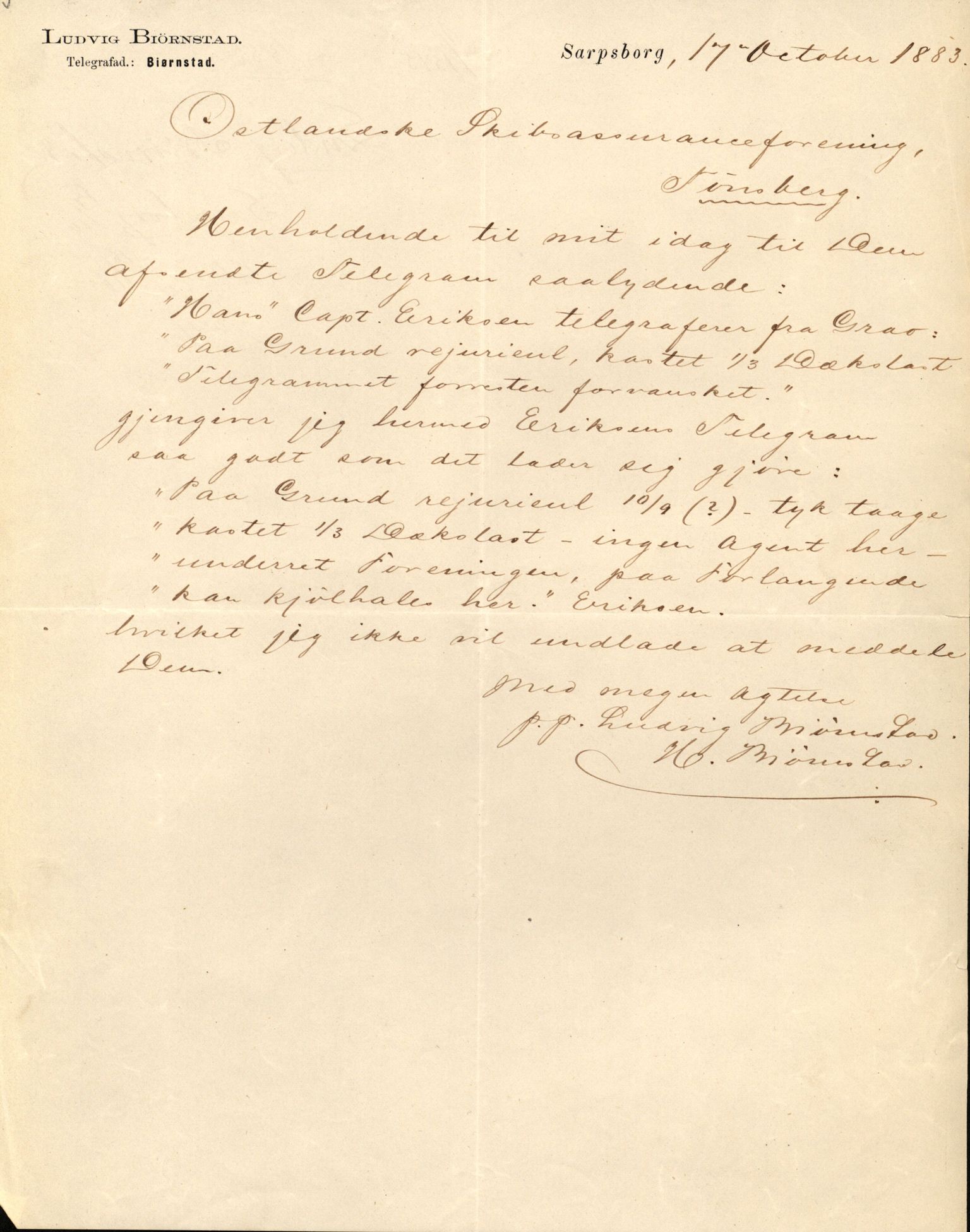 Pa 63 - Østlandske skibsassuranceforening, VEMU/A-1079/G/Ga/L0016/0017: Havaridokumenter / Andover, Hans, Heimdal, 1883, p. 3