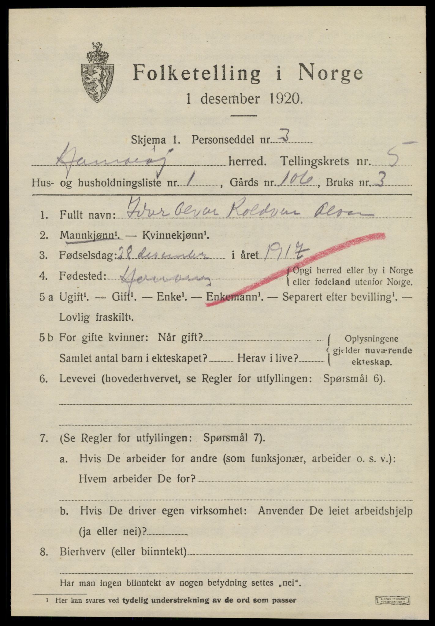 SAT, 1920 census for Hamarøy, 1920, p. 2648