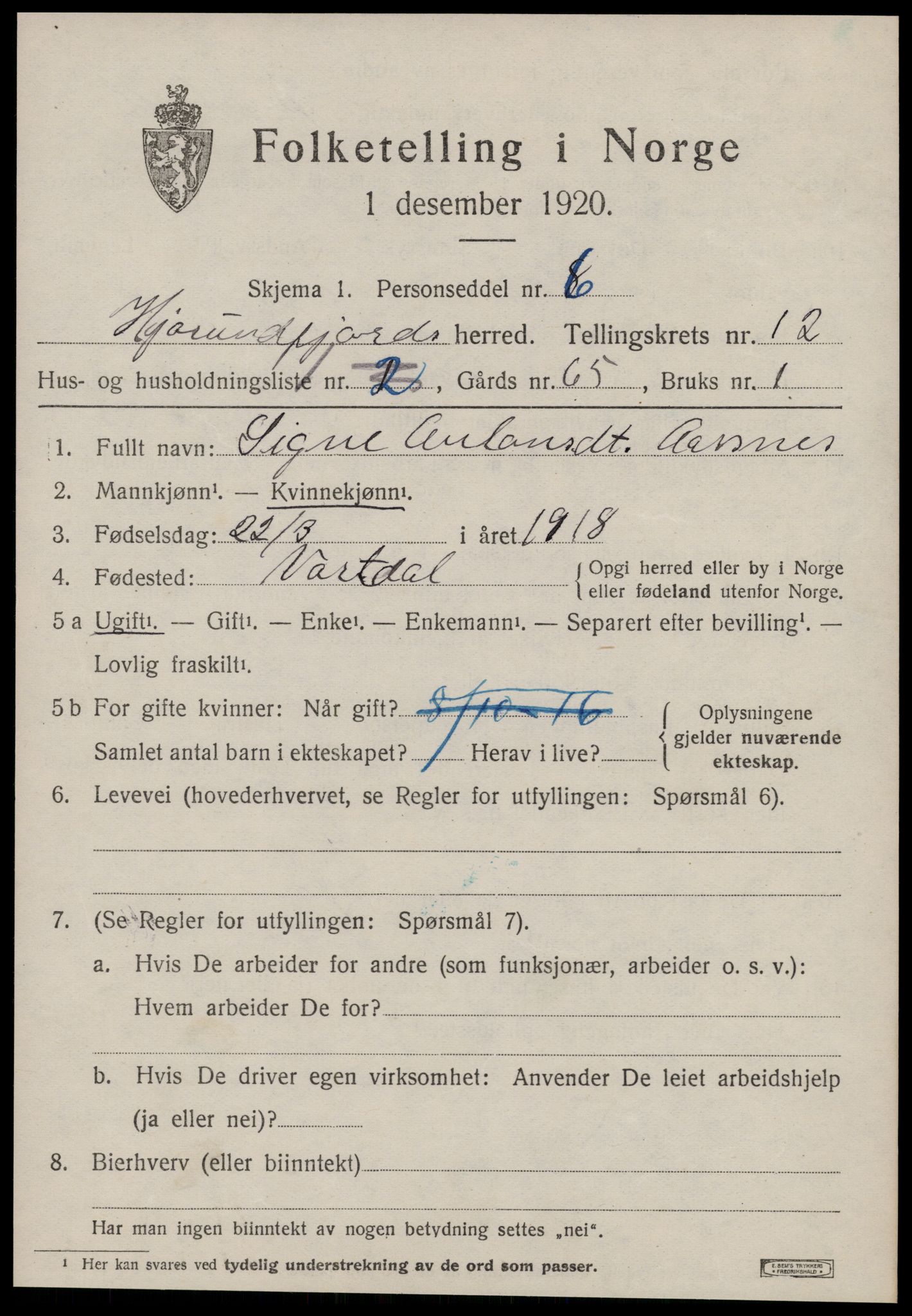 SAT, 1920 census for Hjørundfjord, 1920, p. 4489