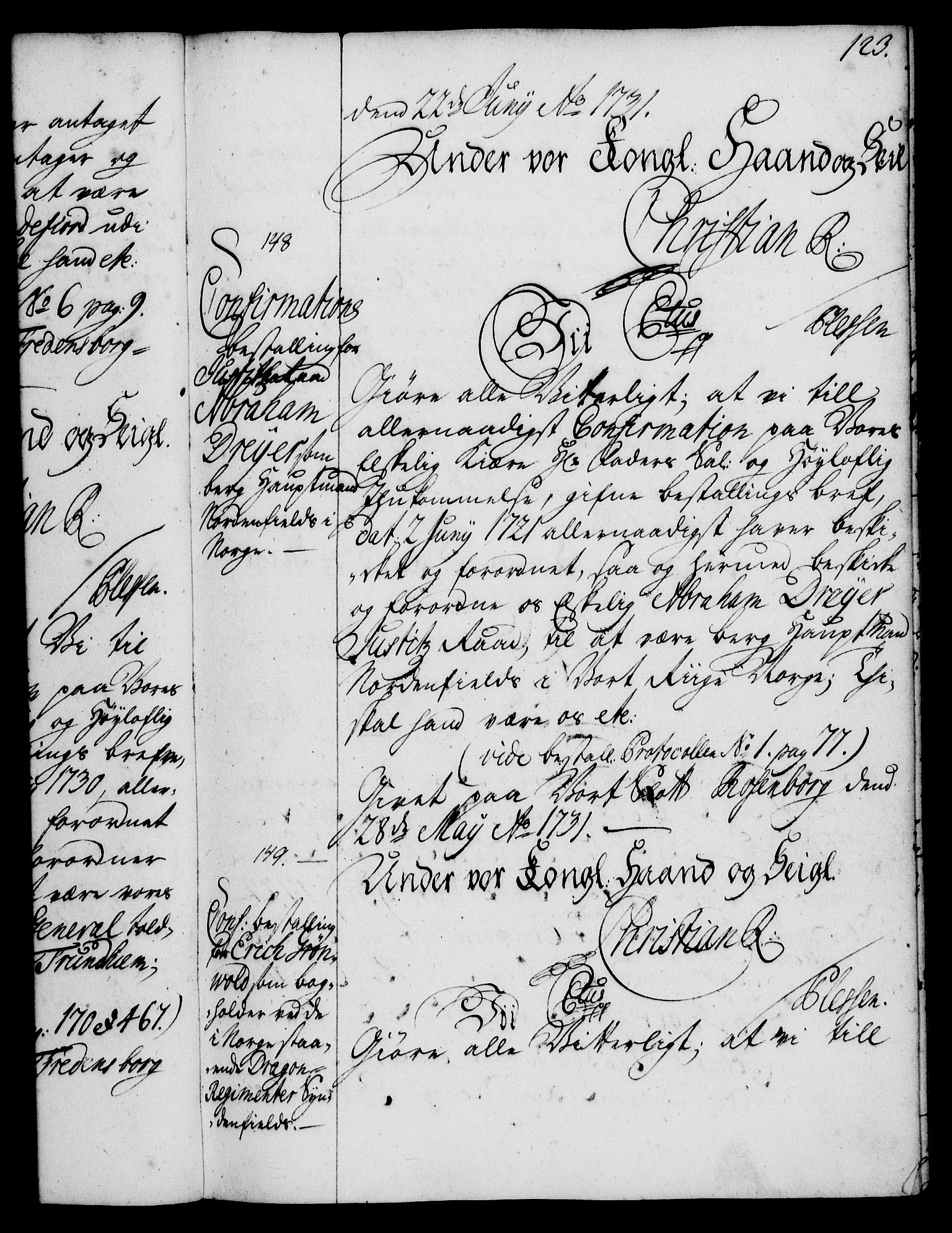Rentekammeret, Kammerkanselliet, RA/EA-3111/G/Gg/Ggg/L0001: Norsk konfirmasjonsbestallingsprotokoll med register (merket RK 53.31), 1731-1737, p. 123