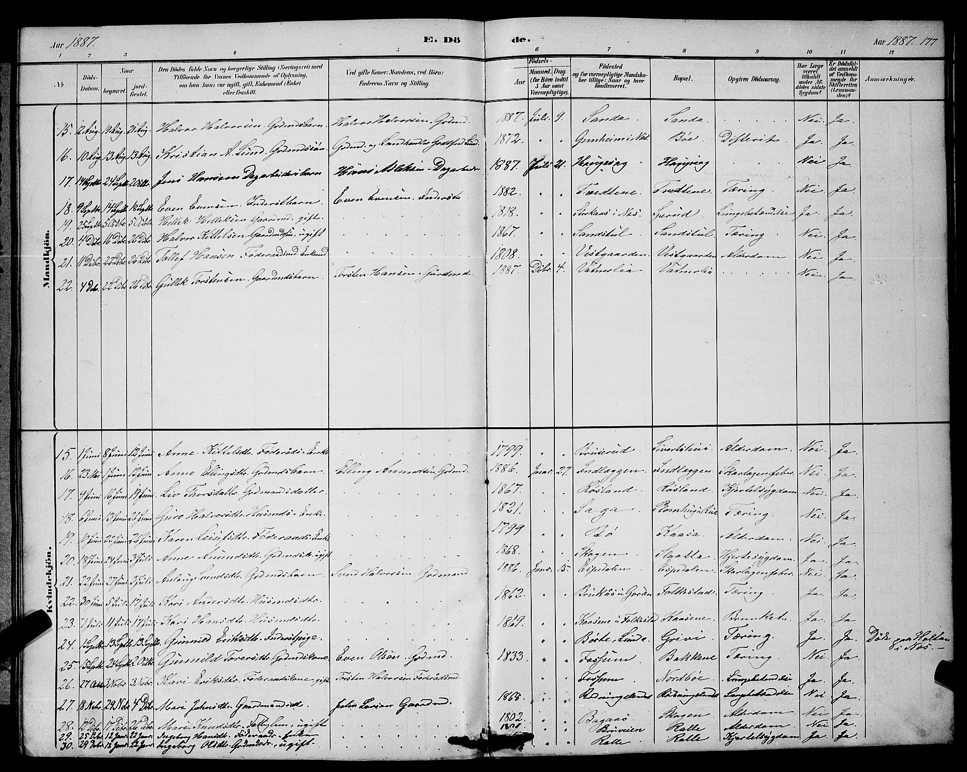Bø kirkebøker, SAKO/A-257/G/Ga/L0005: Parish register (copy) no. 5, 1883-1897, p. 177