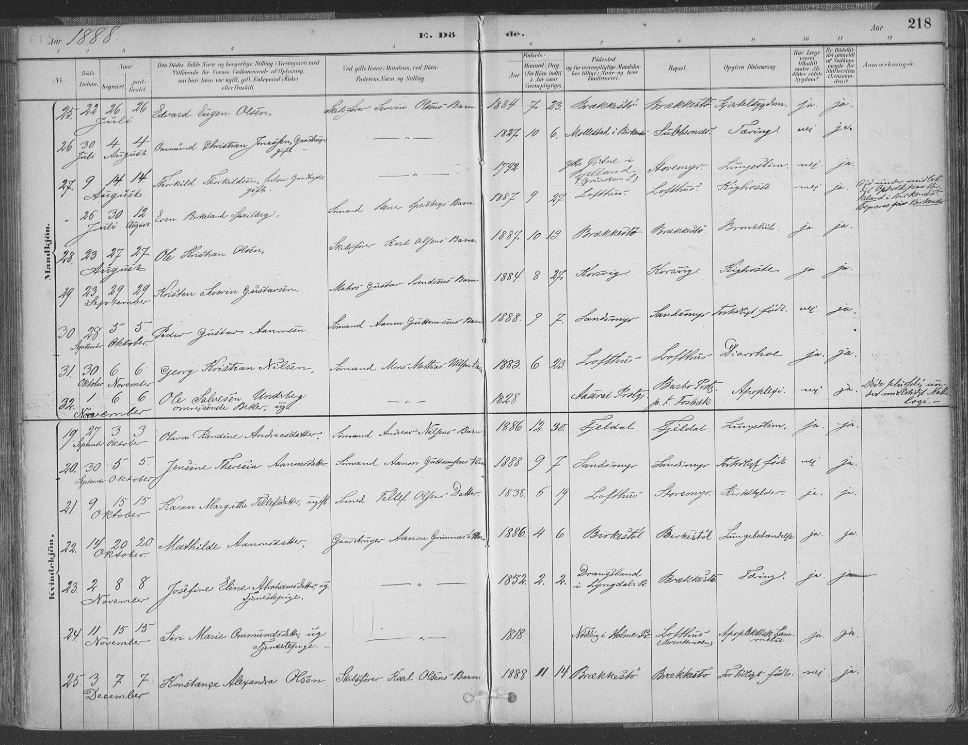 Vestre Moland sokneprestkontor, SAK/1111-0046/F/Fa/Fab/L0009: Parish register (official) no. A 9, 1884-1899, p. 218