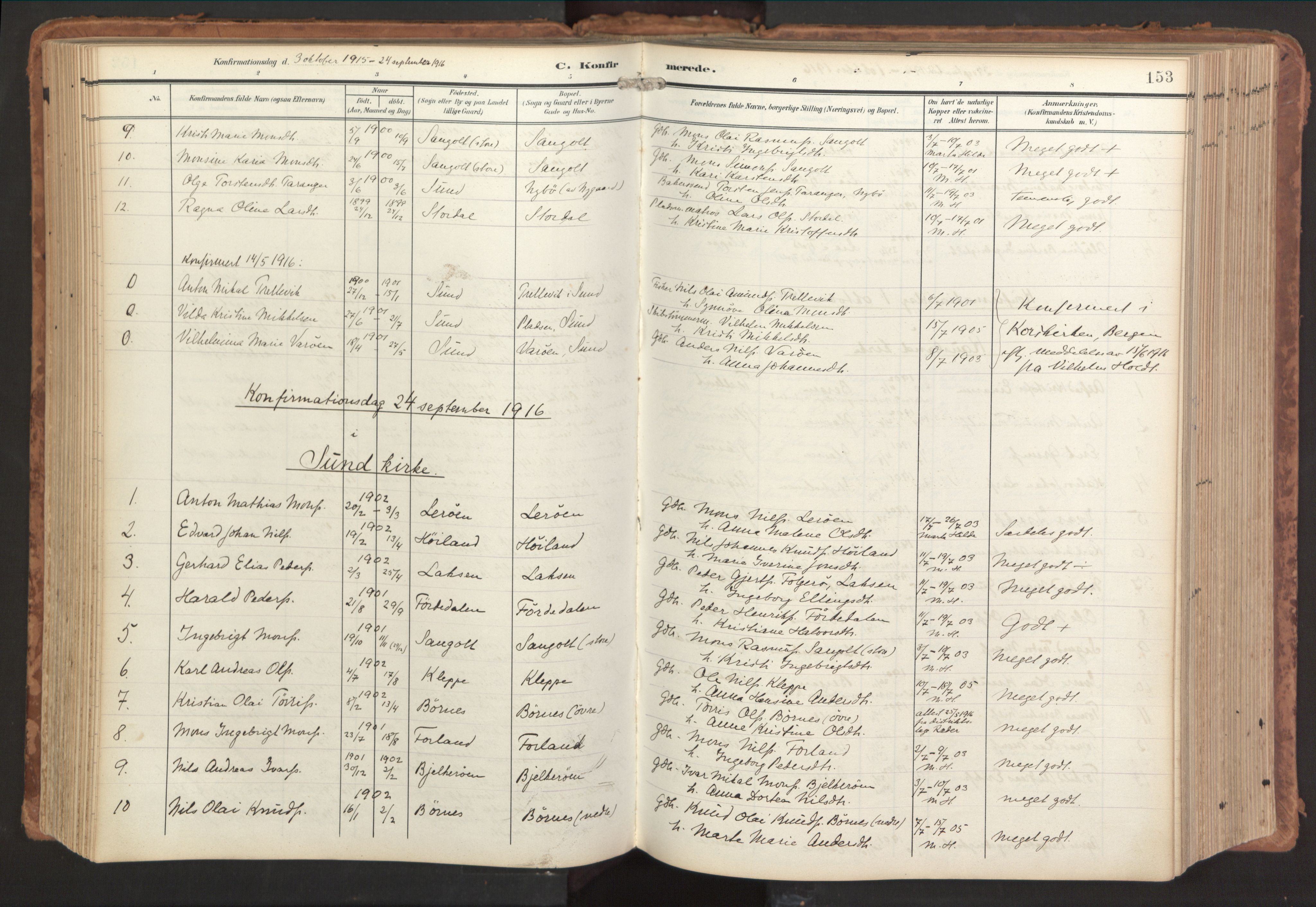 Sund sokneprestembete, SAB/A-99930: Parish register (official) no. B 2, 1907-1926, p. 153