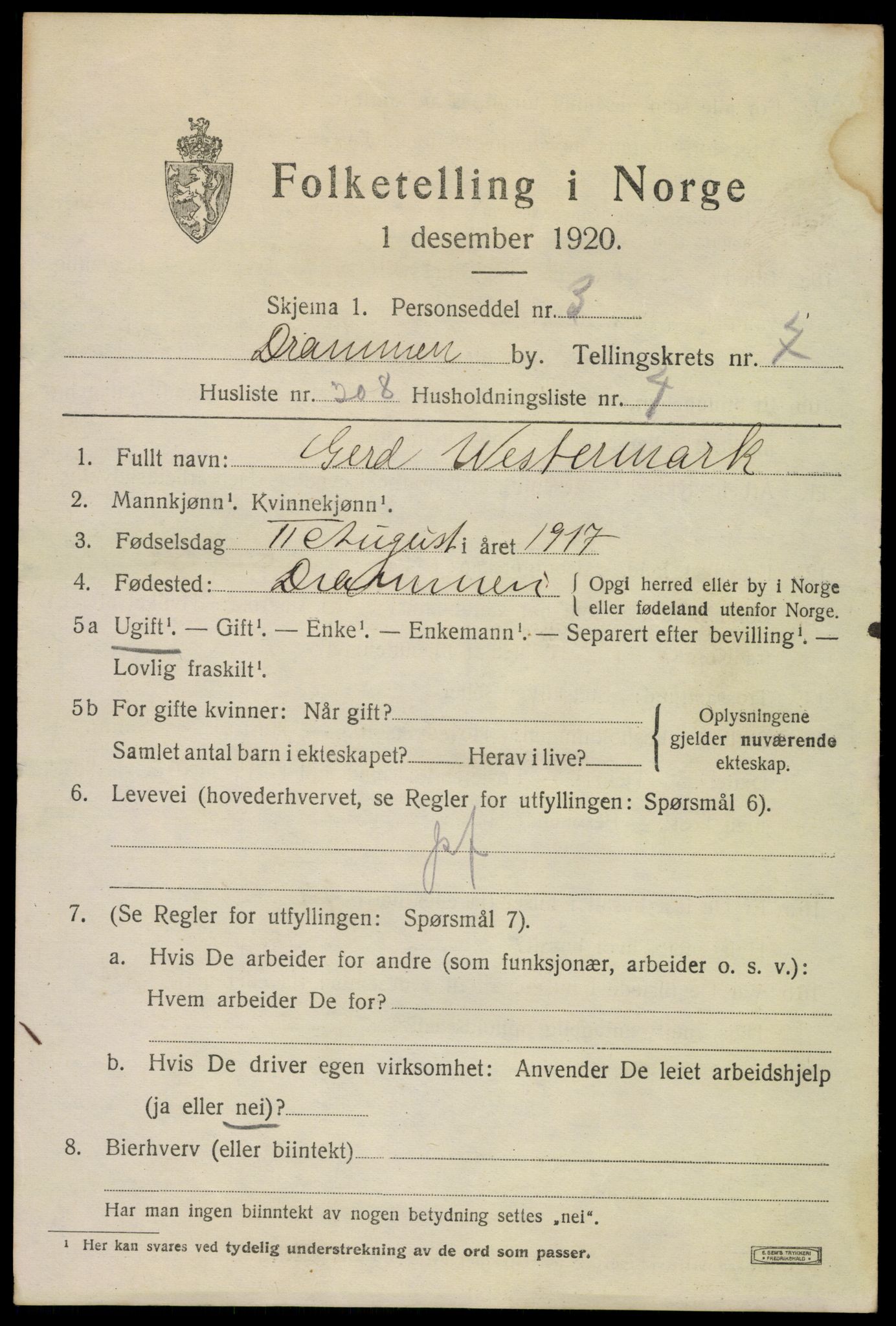 SAKO, 1920 census for Drammen, 1920, p. 53057