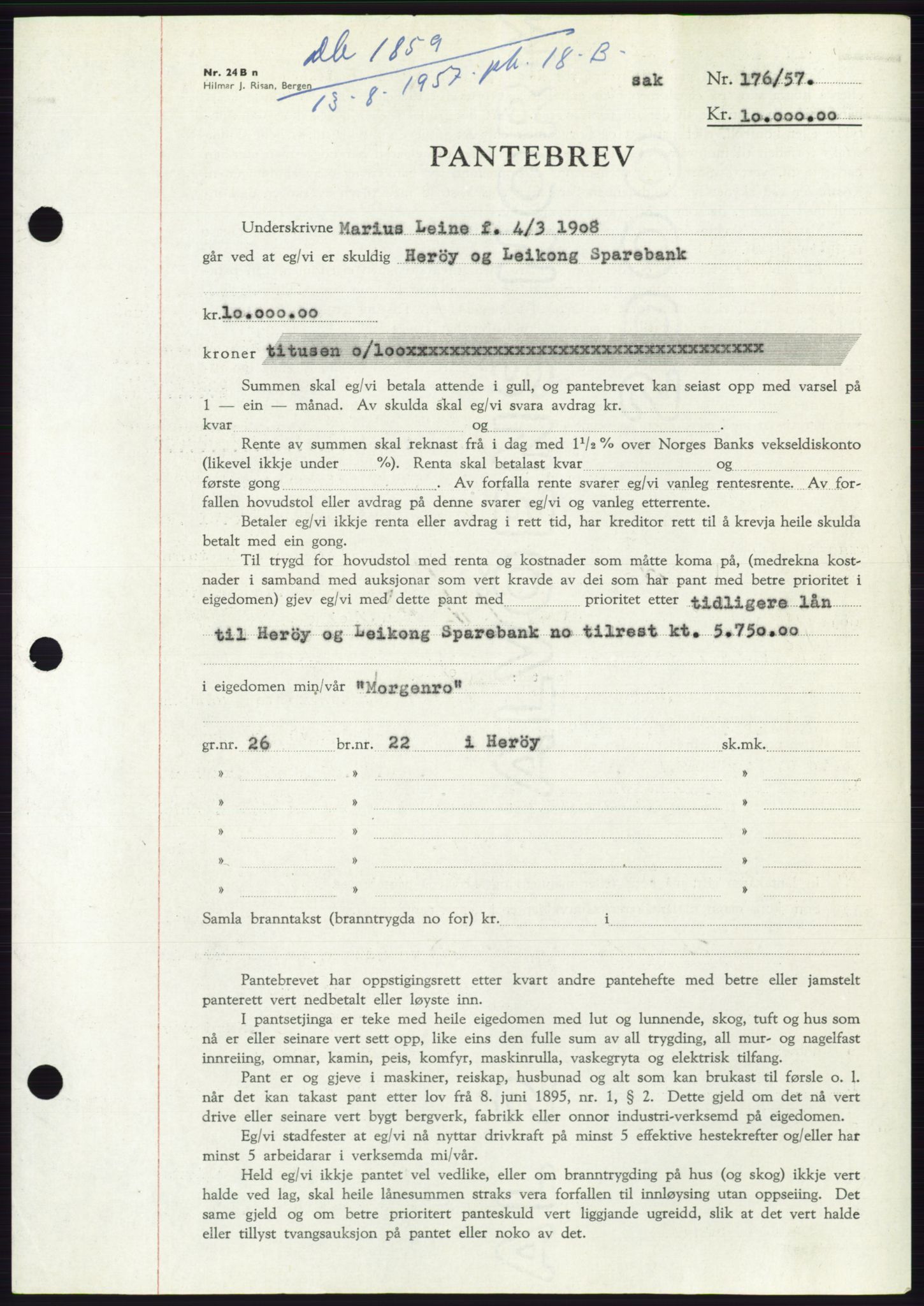 Søre Sunnmøre sorenskriveri, AV/SAT-A-4122/1/2/2C/L0130: Mortgage book no. 18B, 1957-1958, Diary no: : 1859/1957