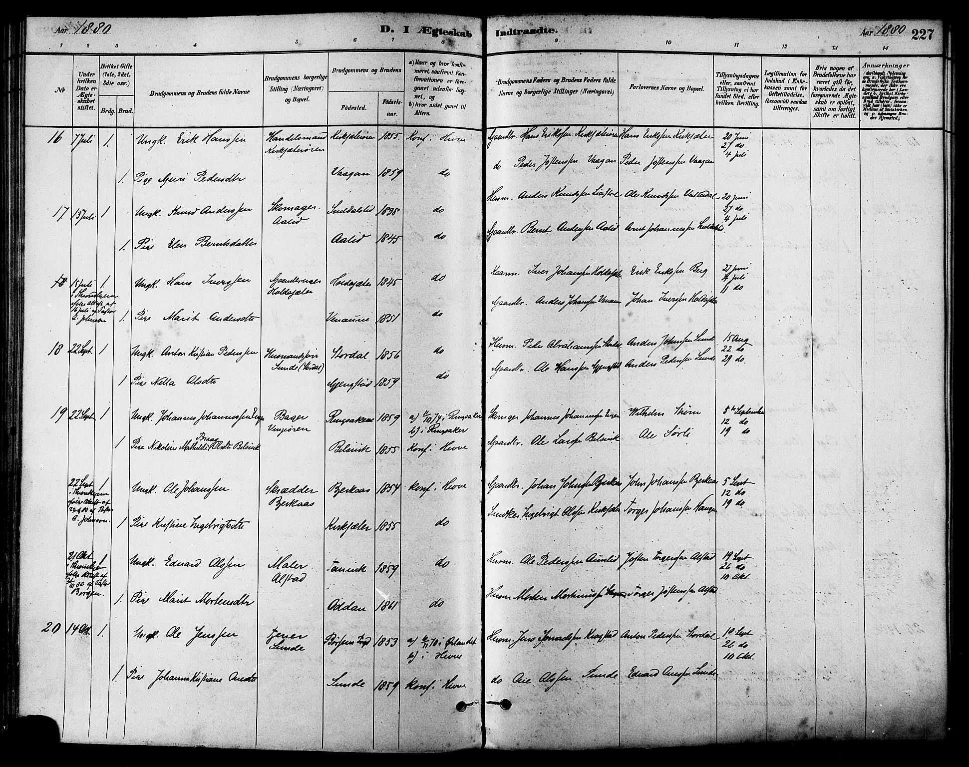 Ministerialprotokoller, klokkerbøker og fødselsregistre - Sør-Trøndelag, AV/SAT-A-1456/630/L0496: Parish register (official) no. 630A09, 1879-1895, p. 227