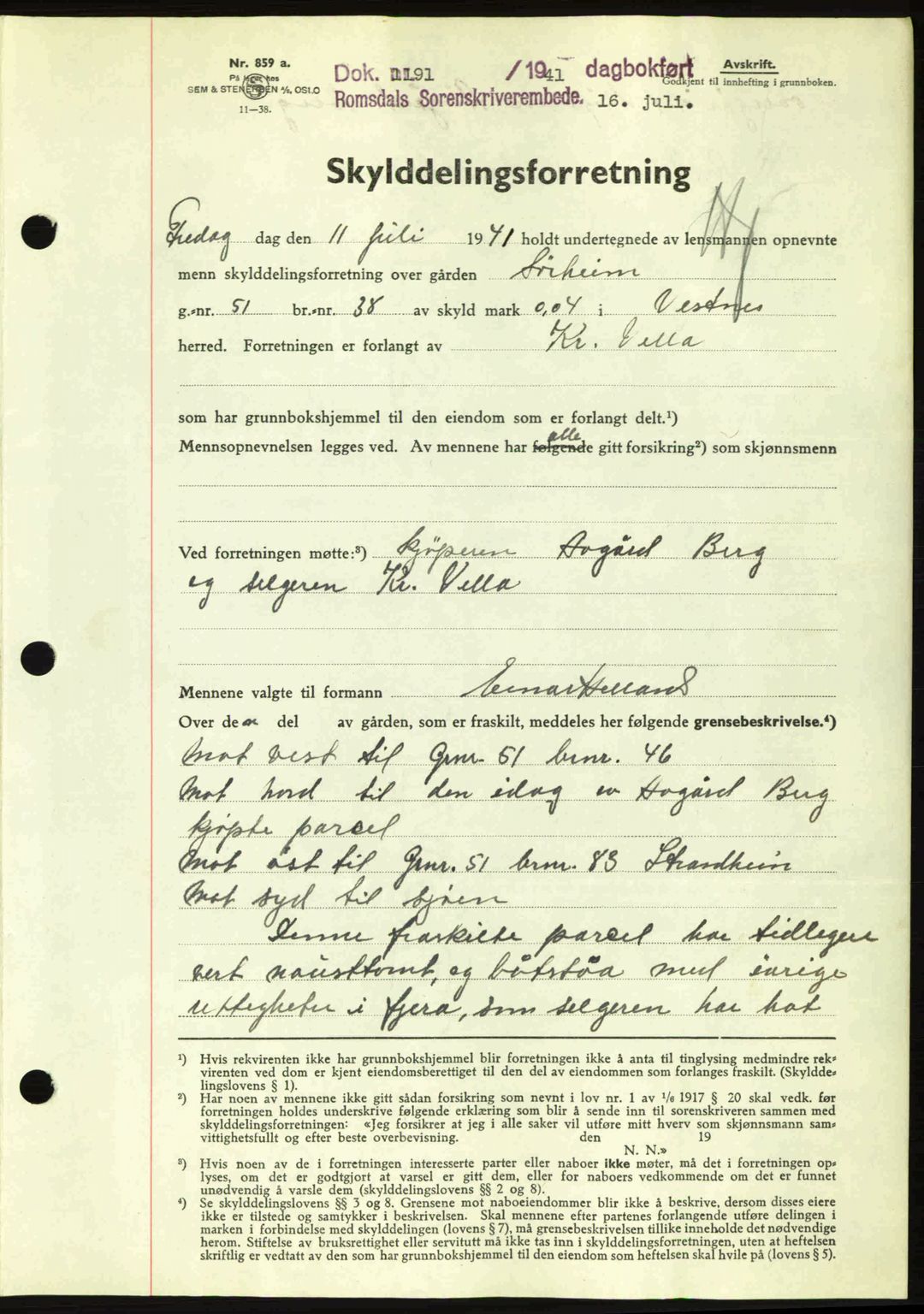 Romsdal sorenskriveri, AV/SAT-A-4149/1/2/2C: Mortgage book no. A10, 1941-1941, Diary no: : 1191/1941