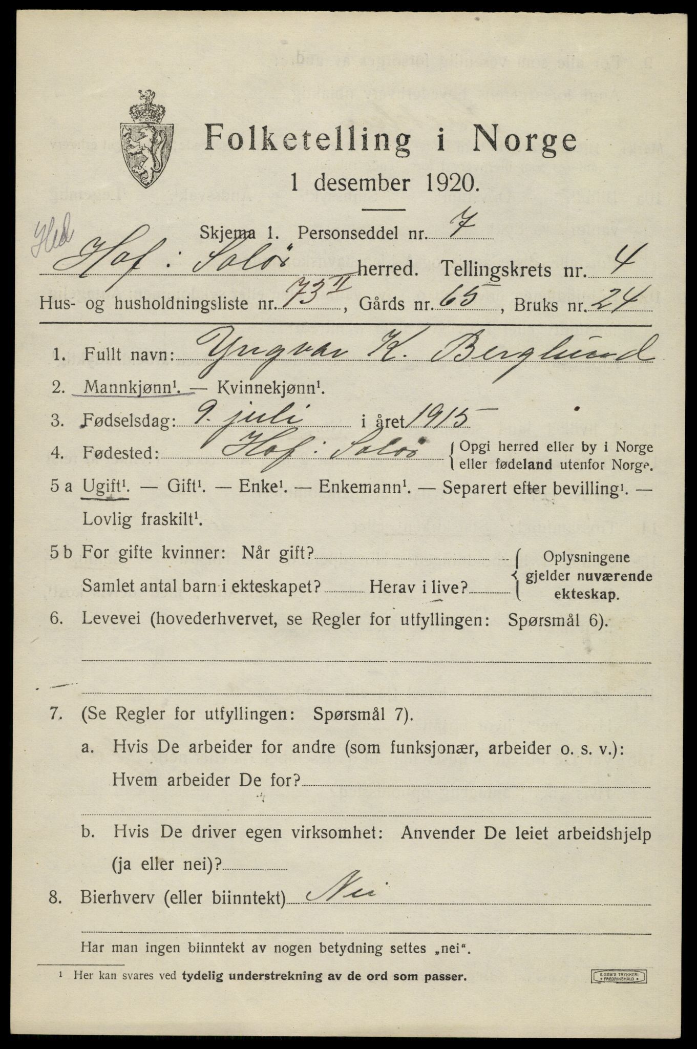 SAH, 1920 census for Hof, 1920, p. 7095