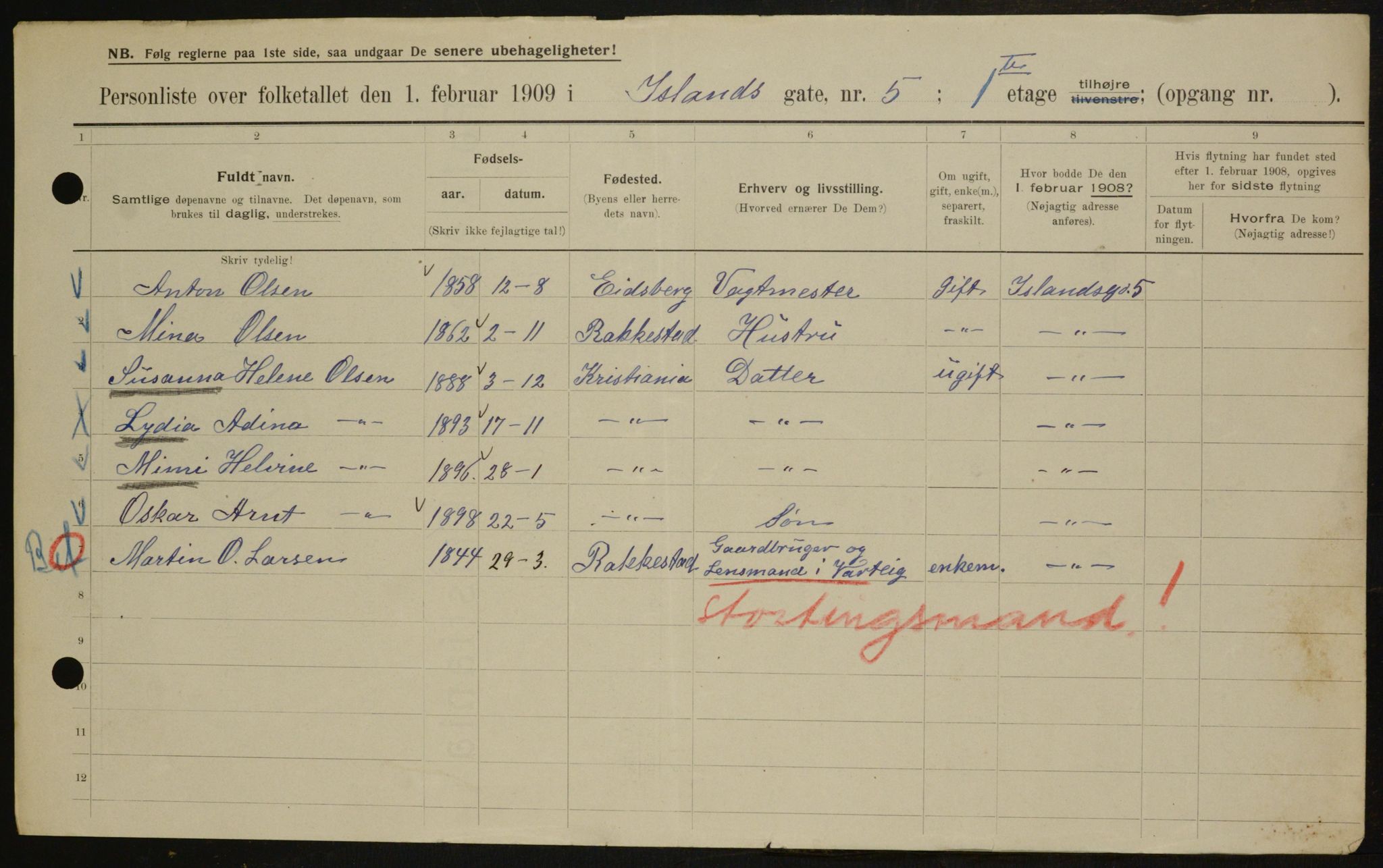 OBA, Municipal Census 1909 for Kristiania, 1909, p. 40665