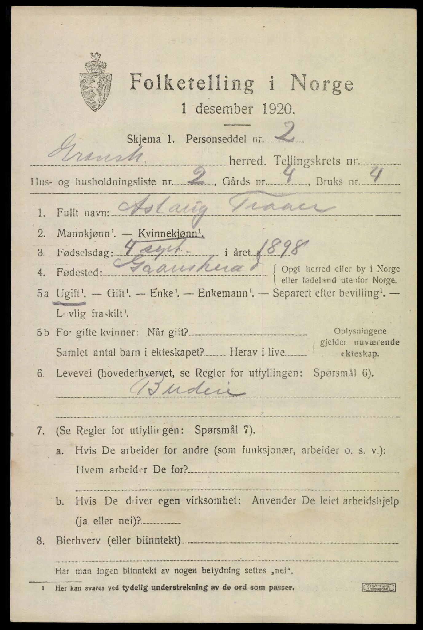 SAKO, 1920 census for Gransherad, 1920, p. 542