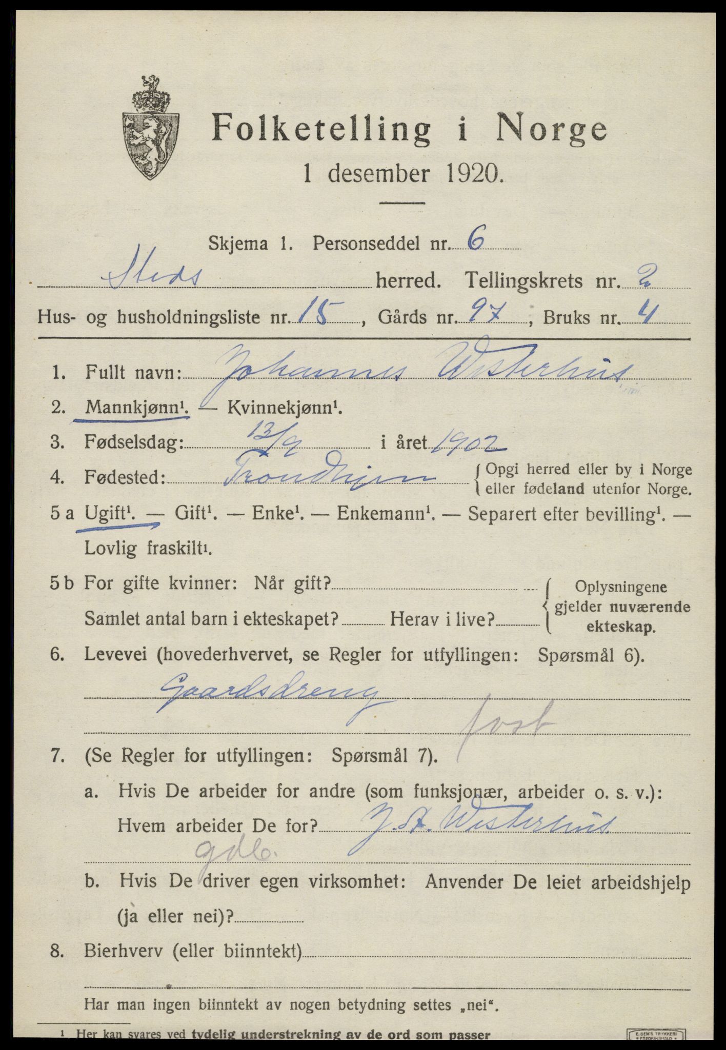 SAT, 1920 census for Stod, 1920, p. 1412