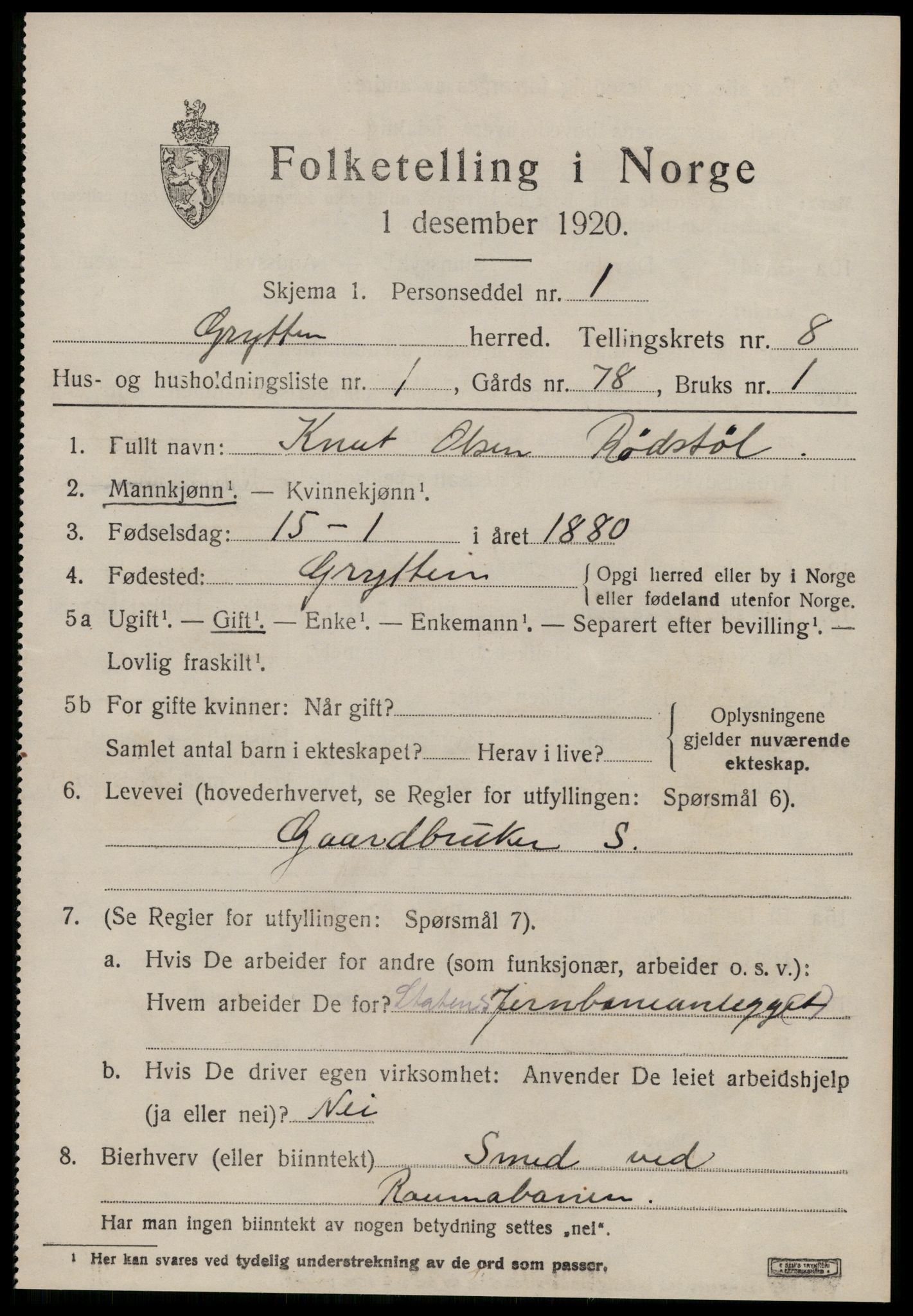 SAT, 1920 census for Grytten, 1920, p. 5892