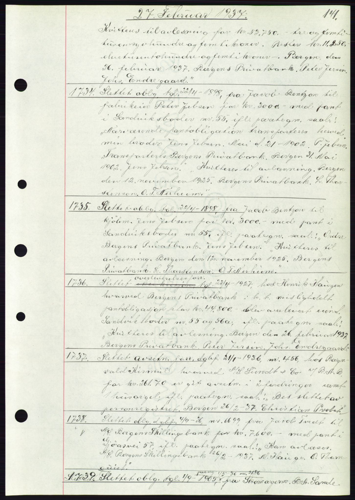 Byfogd og Byskriver i Bergen, AV/SAB-A-3401/03: Mortgage book no. C 3, 1936-1937, Diary no: : 1734/1937