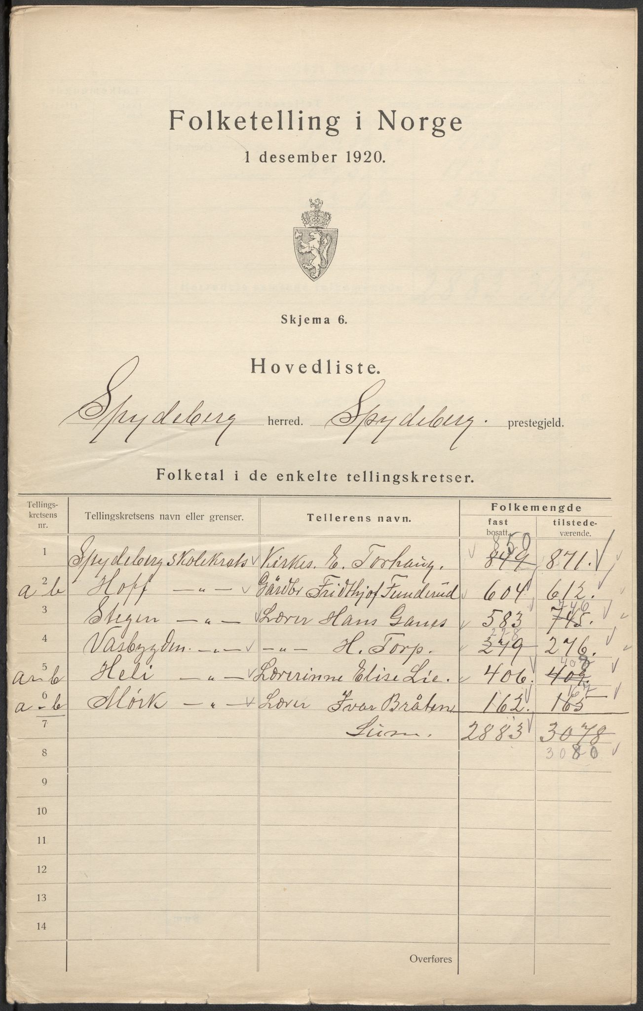 SAO, 1920 census for Spydeberg, 1920, p. 2