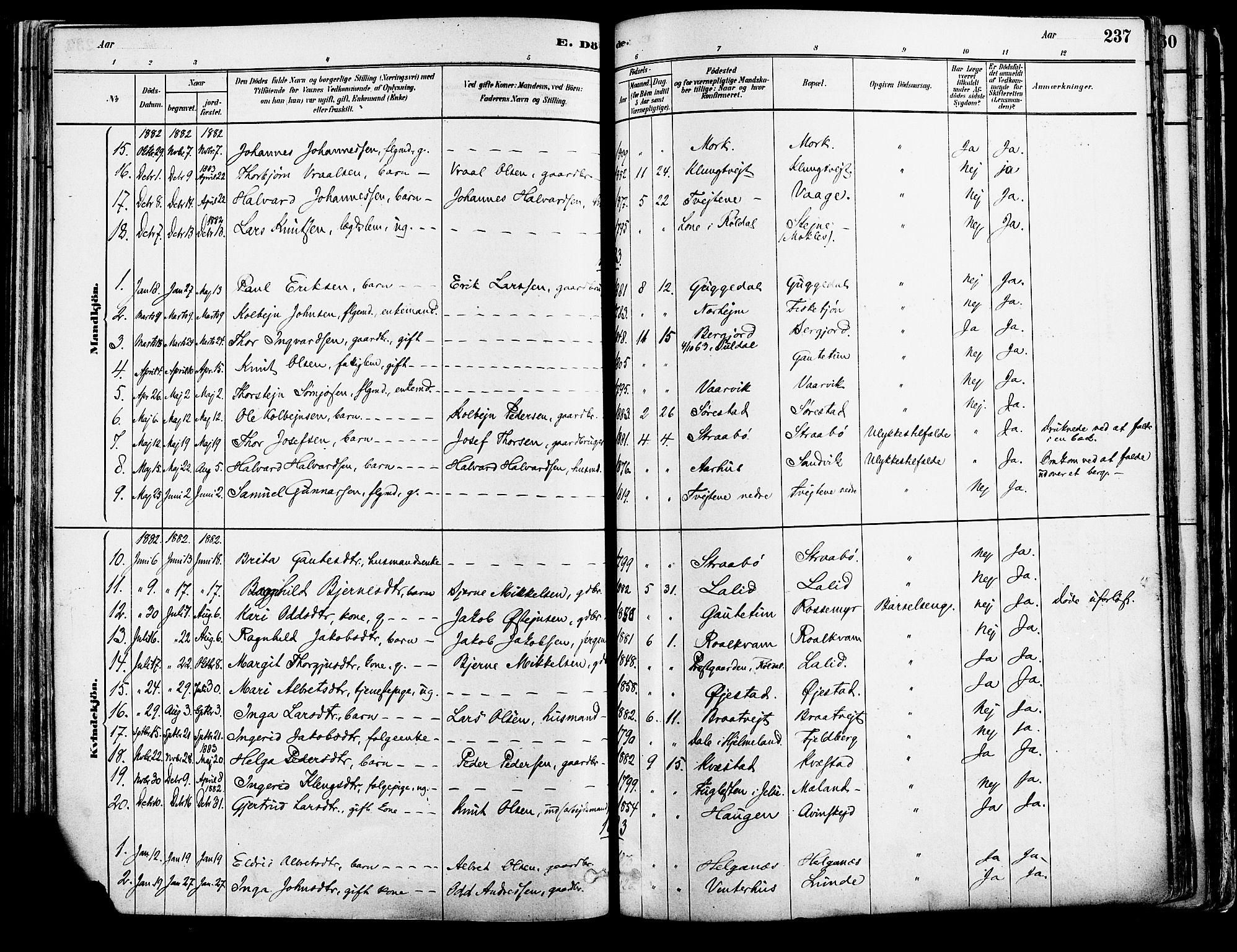 Suldal sokneprestkontor, AV/SAST-A-101845/01/IV/L0011: Parish register (official) no. A 11, 1878-1900, p. 237