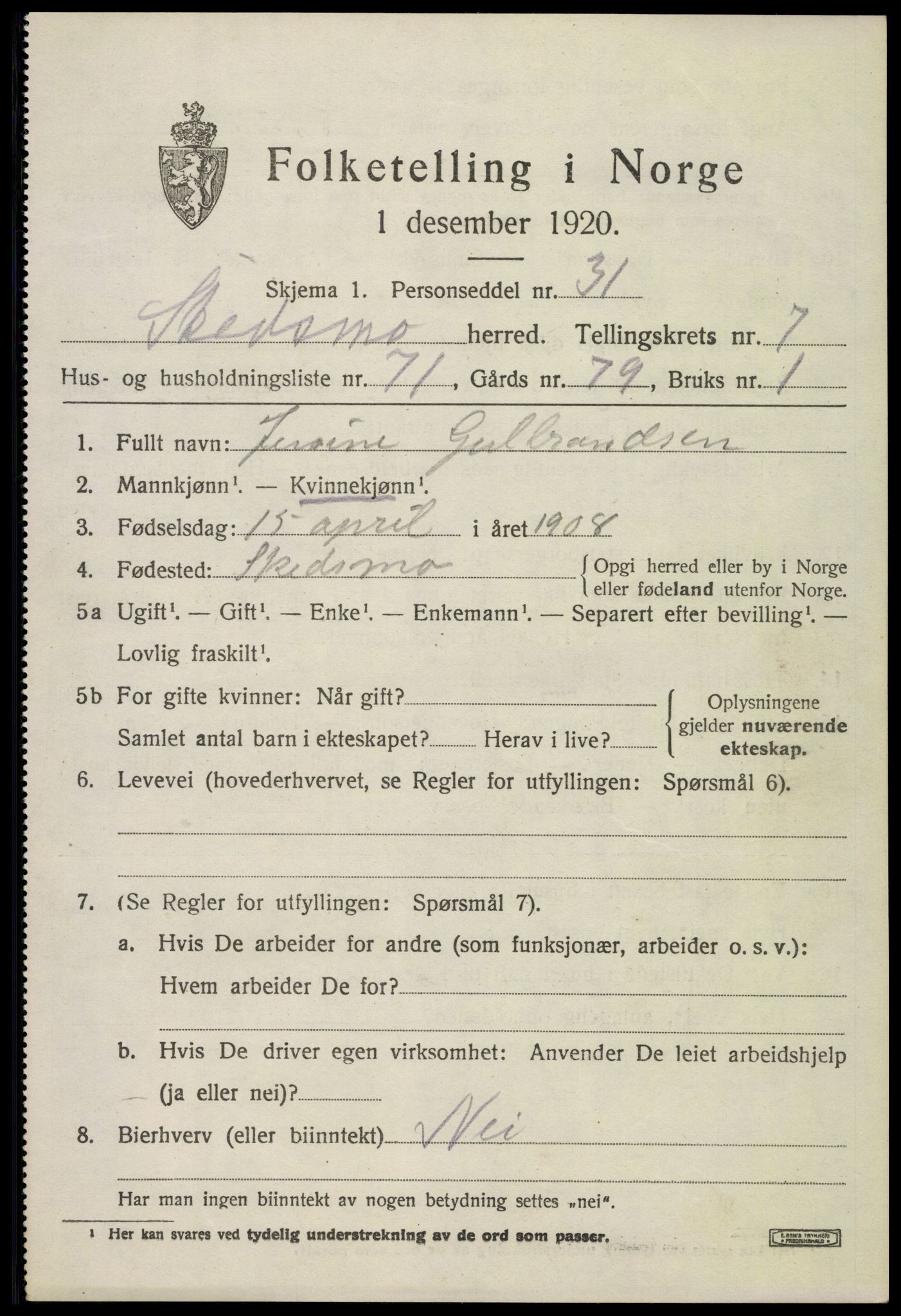 SAO, 1920 census for Skedsmo, 1920, p. 8383