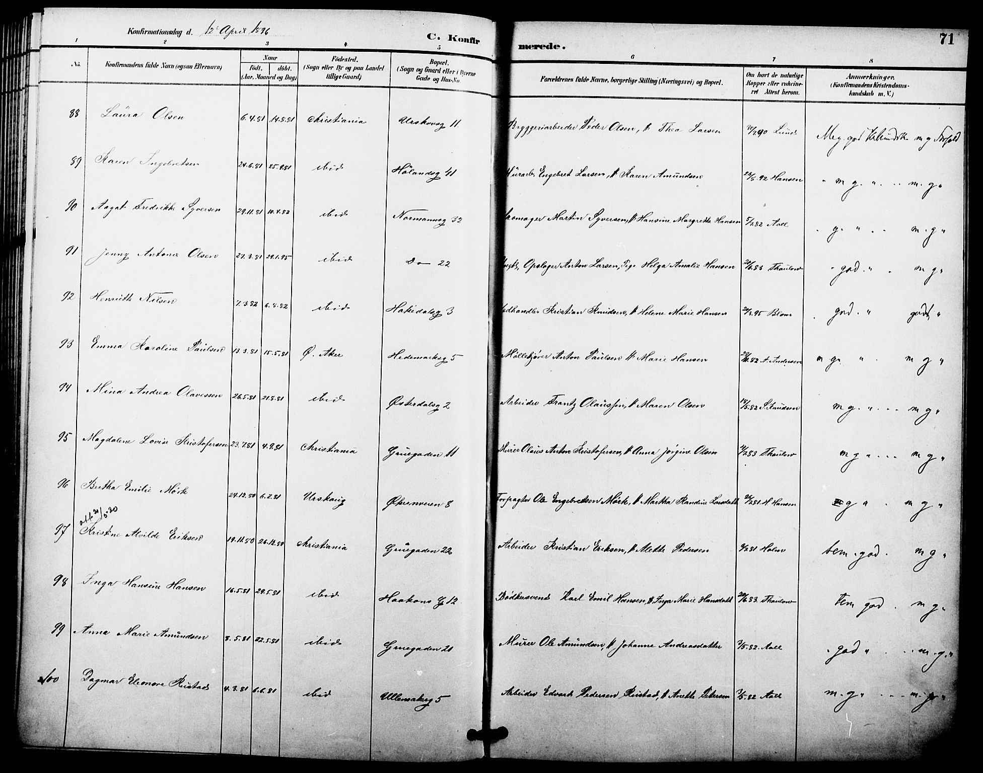 Kampen prestekontor Kirkebøker, AV/SAO-A-10853/F/Fa/L0008: Parish register (official) no. I 8, 1892-1902, p. 71