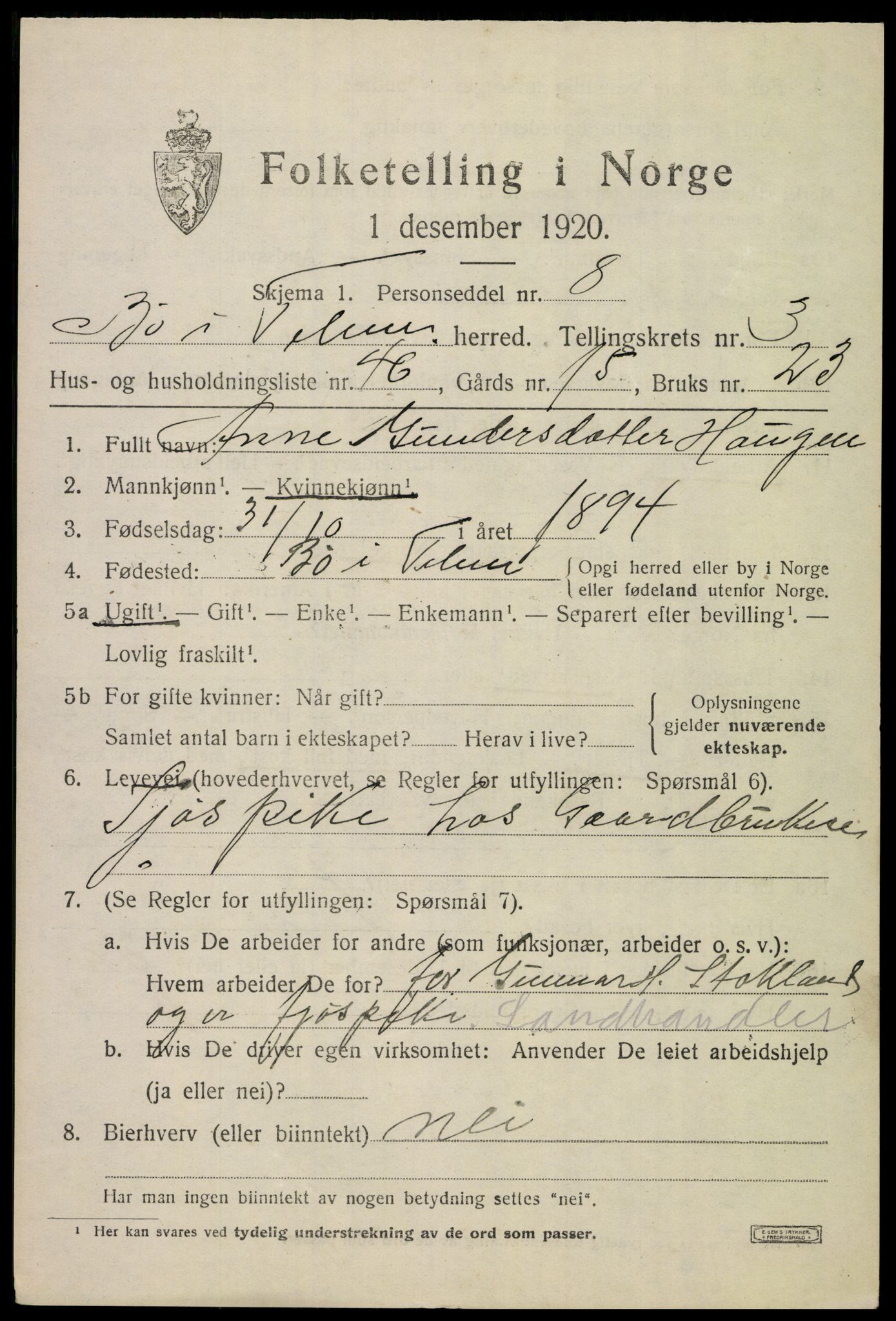 SAKO, 1920 census for Bø (Telemark), 1920, p. 3188