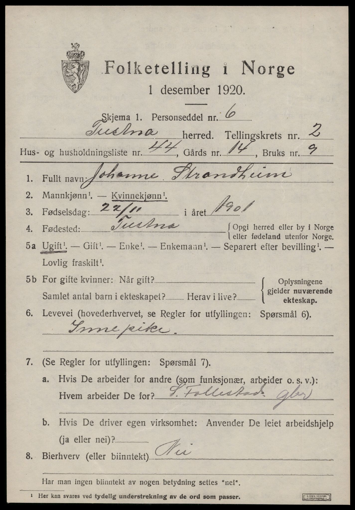 SAT, 1920 census for Tustna, 1920, p. 1443