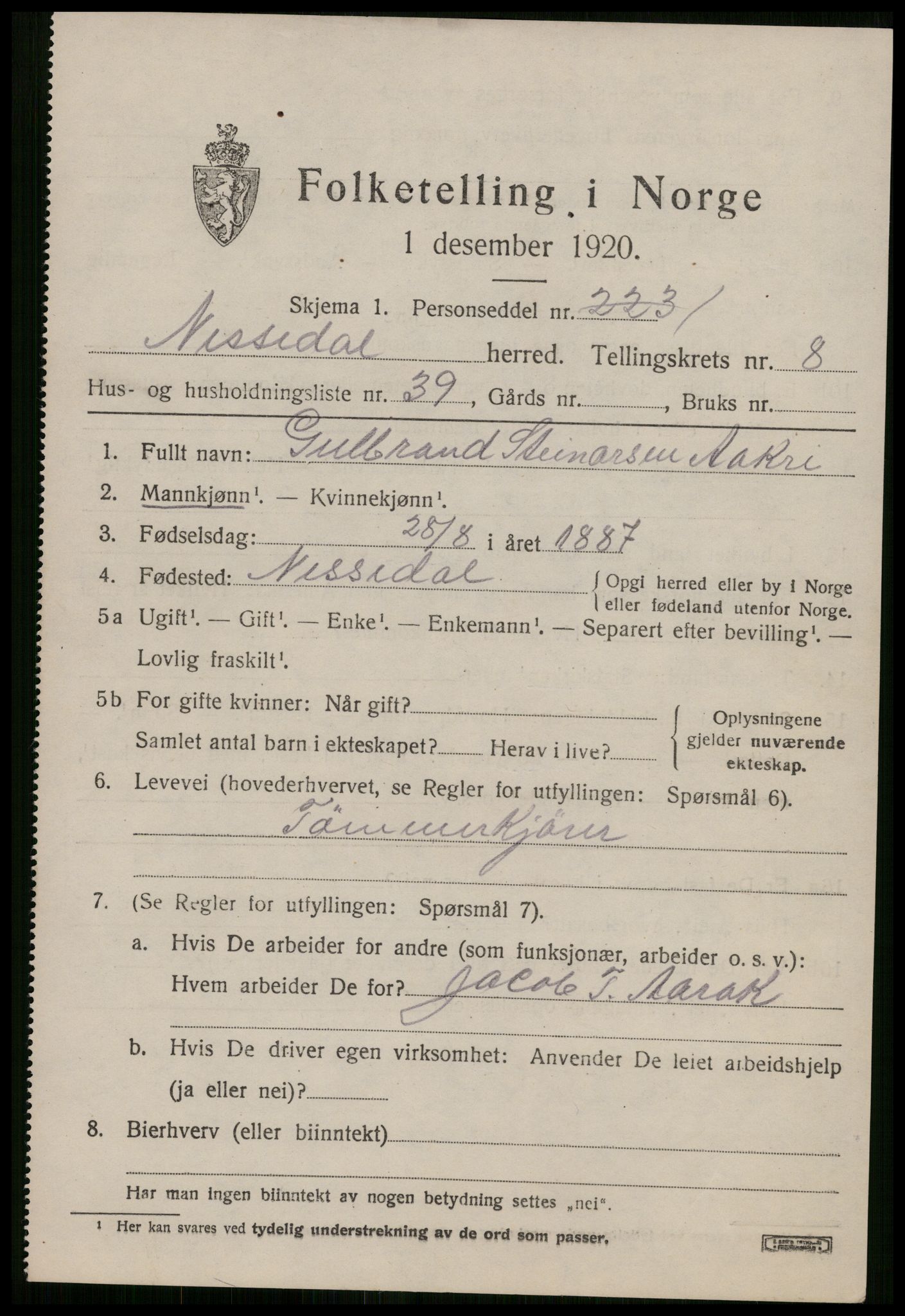 SAKO, 1920 census for Nissedal, 1920, p. 3485