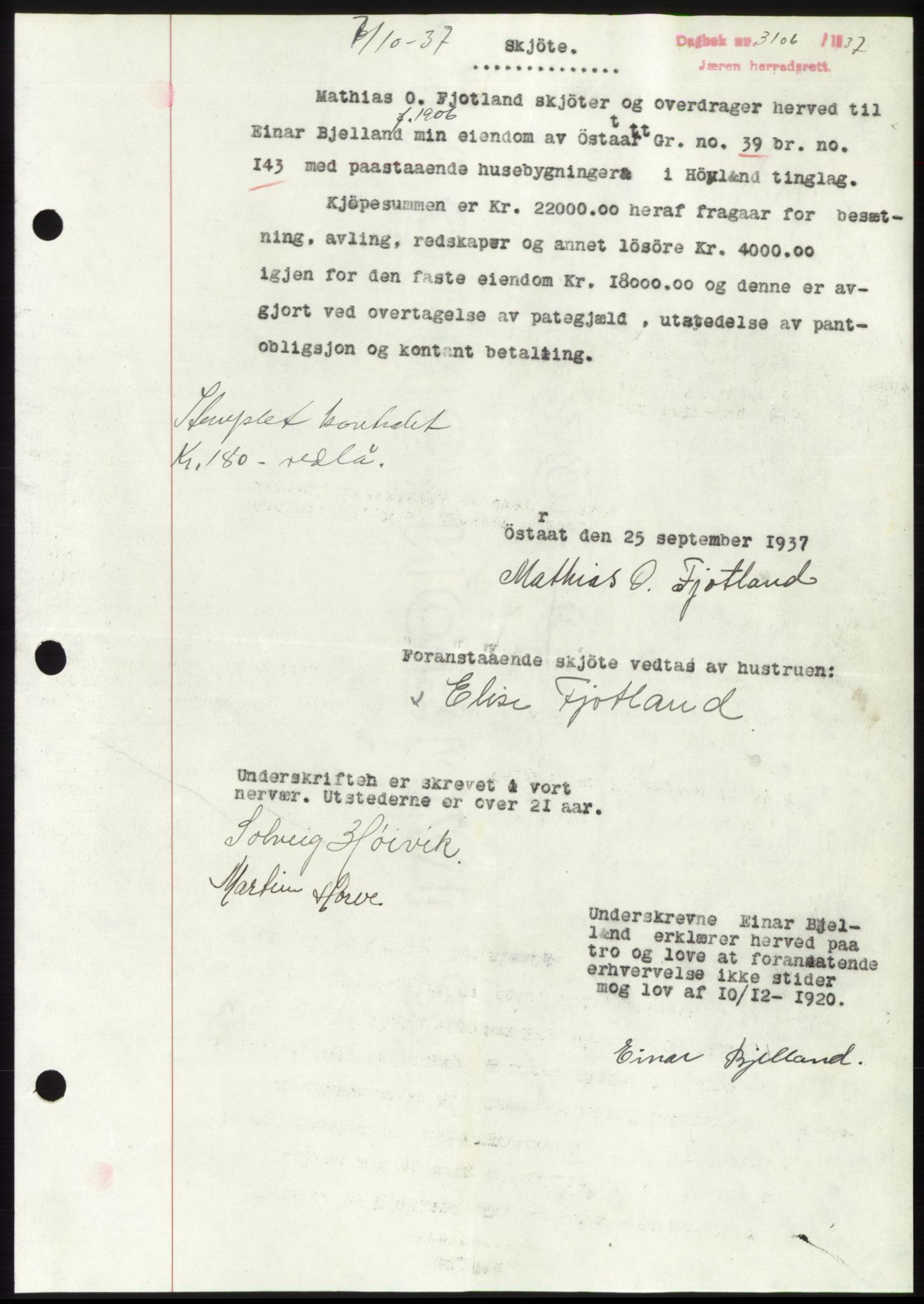 Jæren sorenskriveri, SAST/A-100310/03/G/Gba/L0069: Mortgage book, 1937-1937, Diary no: : 3106/1937