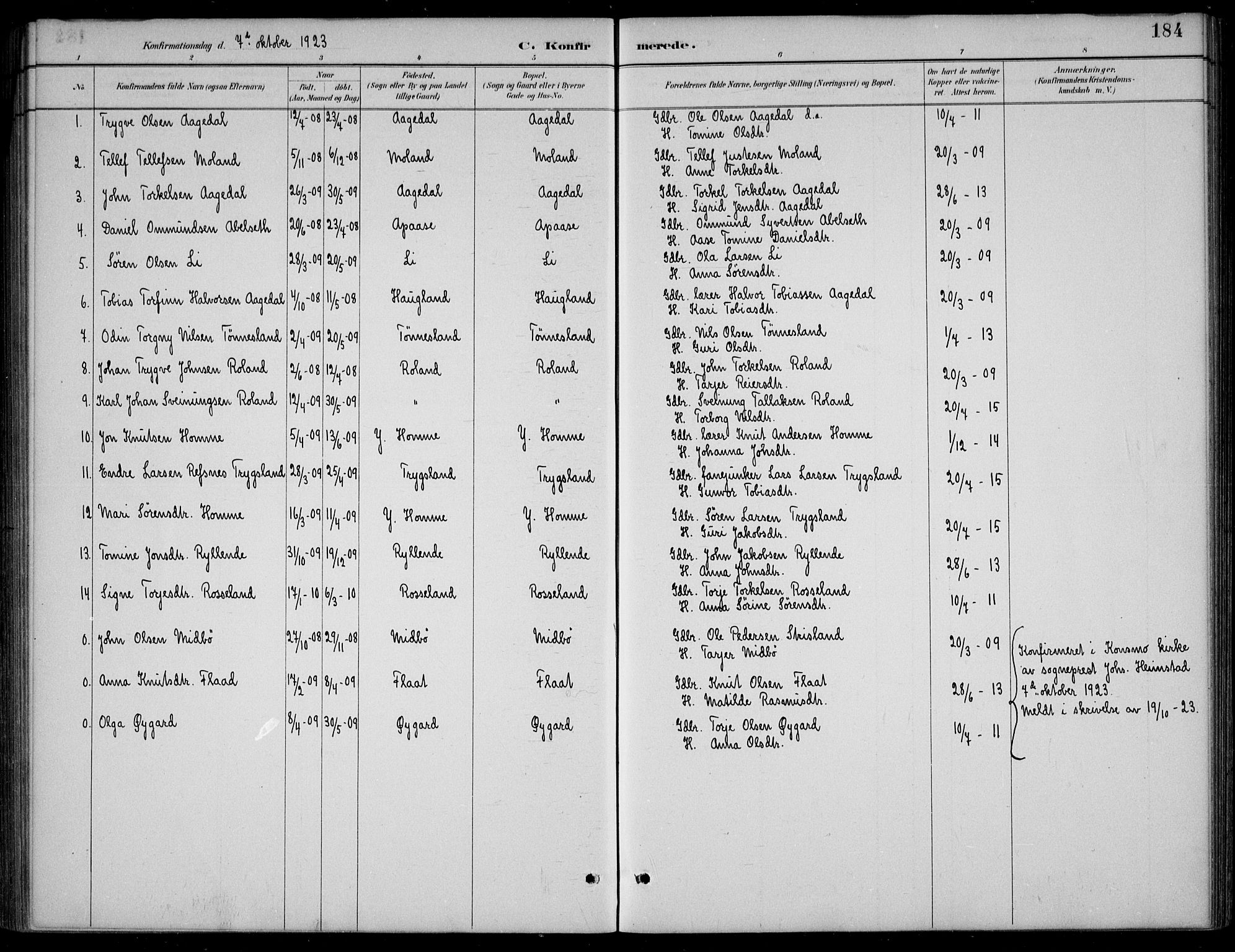 Bjelland sokneprestkontor, AV/SAK-1111-0005/F/Fb/Fba/L0005: Parish register (copy) no. B 5, 1887-1923, p. 184