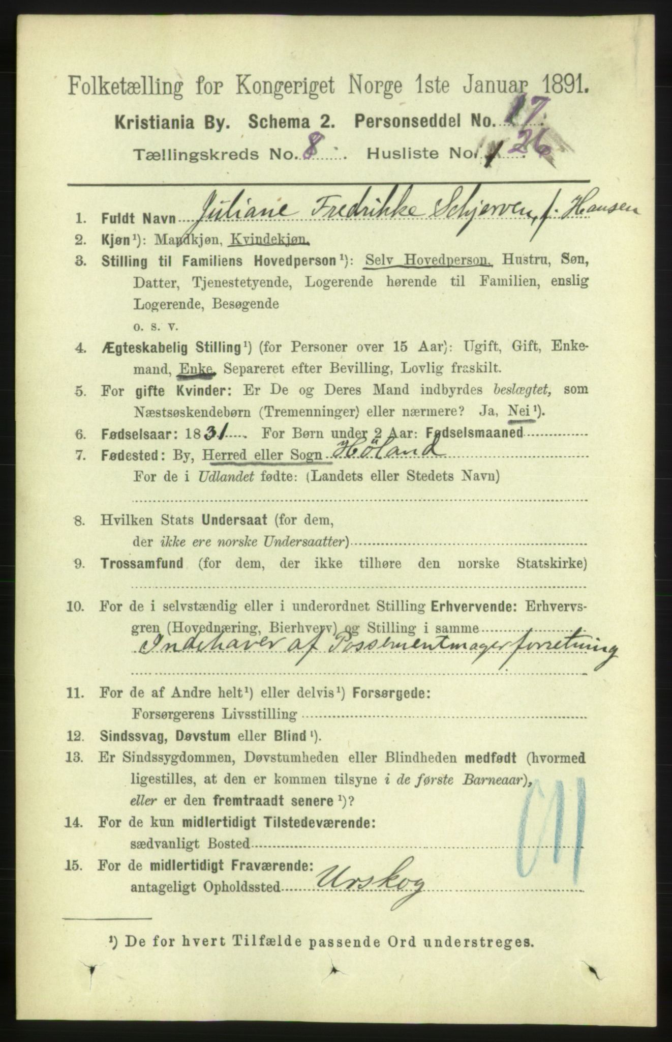 RA, 1891 census for 0301 Kristiania, 1891, p. 3925