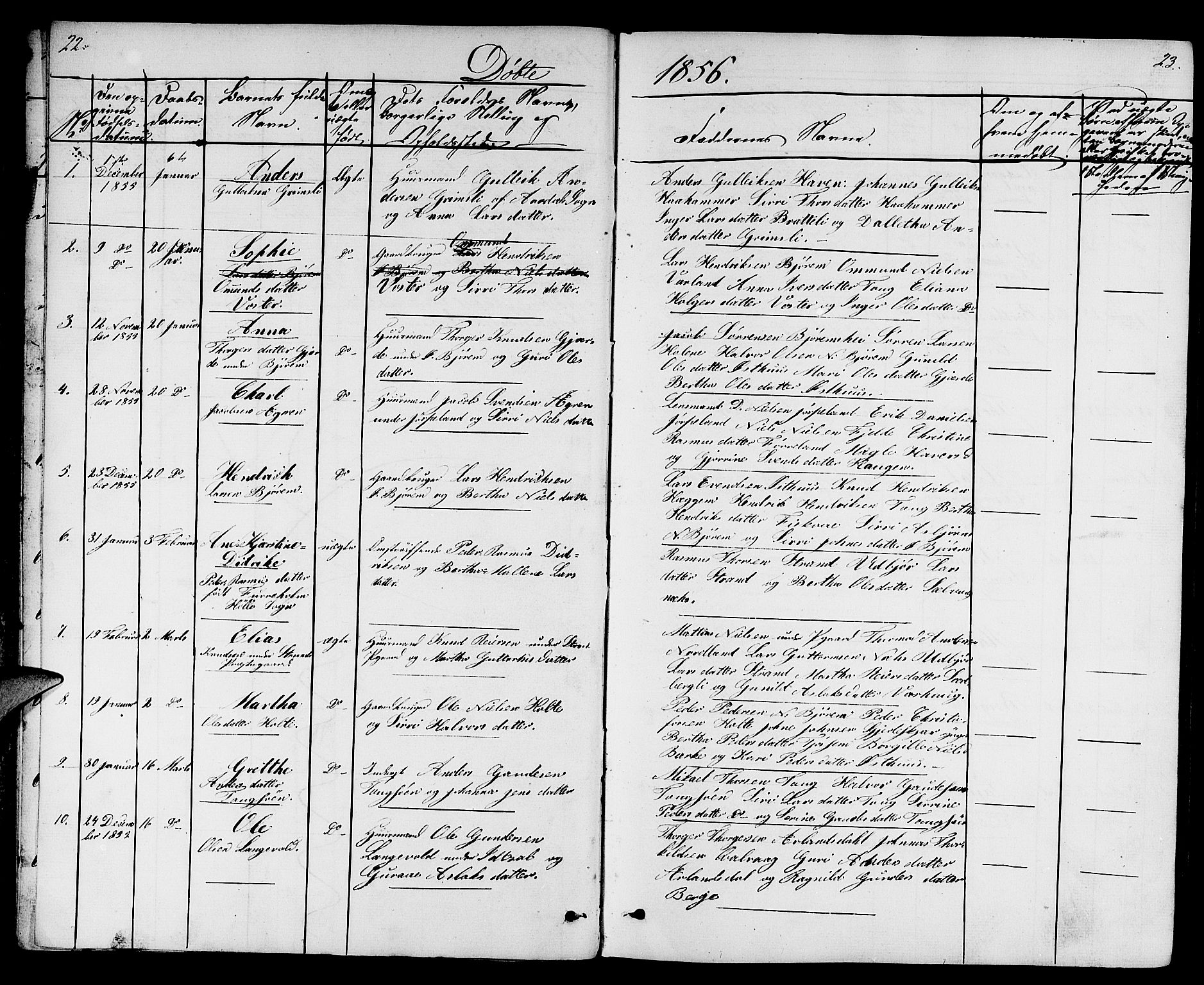 Strand sokneprestkontor, SAST/A-101828/H/Ha/Hab/L0003: Parish register (copy) no. B 3, 1855-1881, p. 22-23