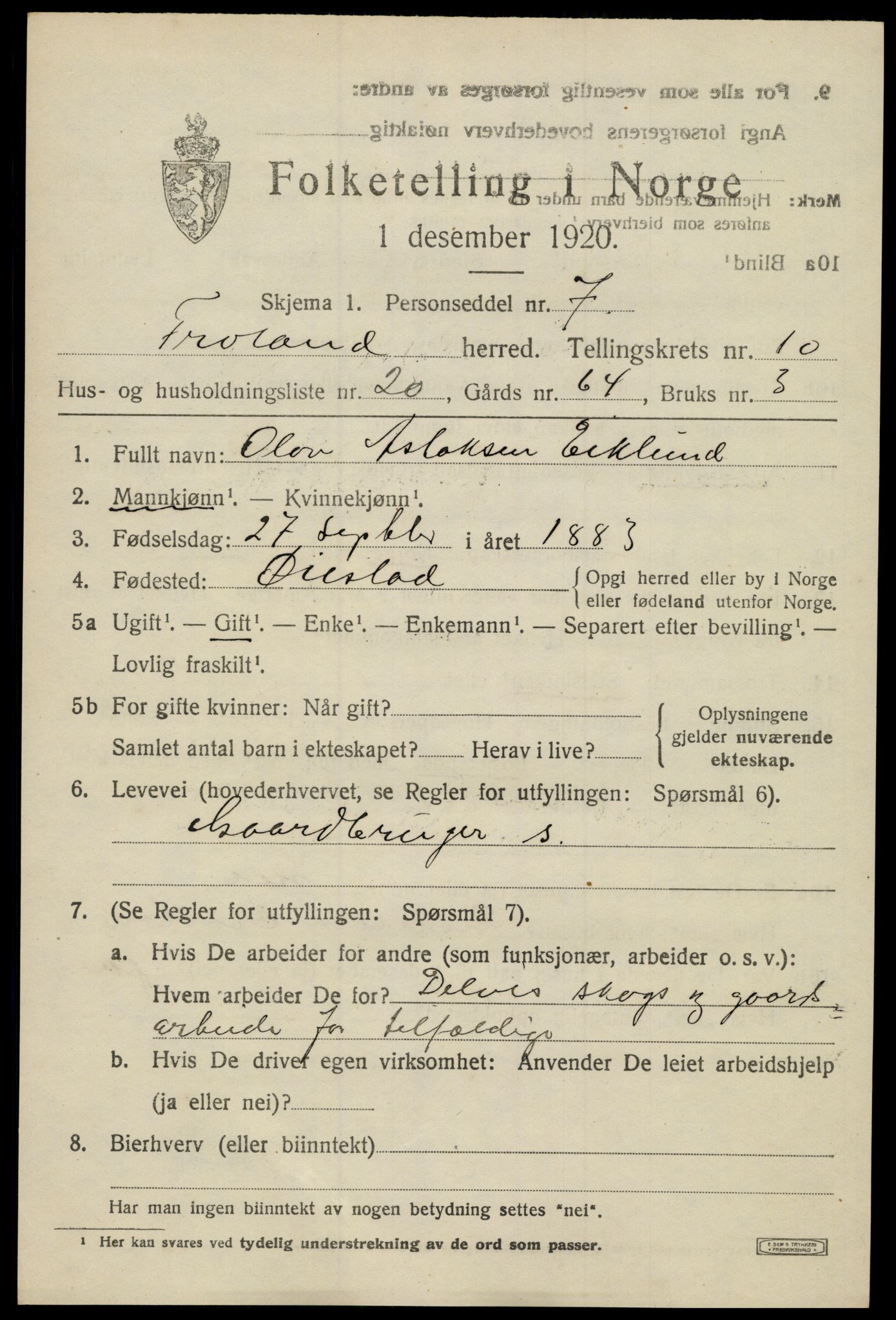 SAK, 1920 census for Froland, 1920, p. 5513