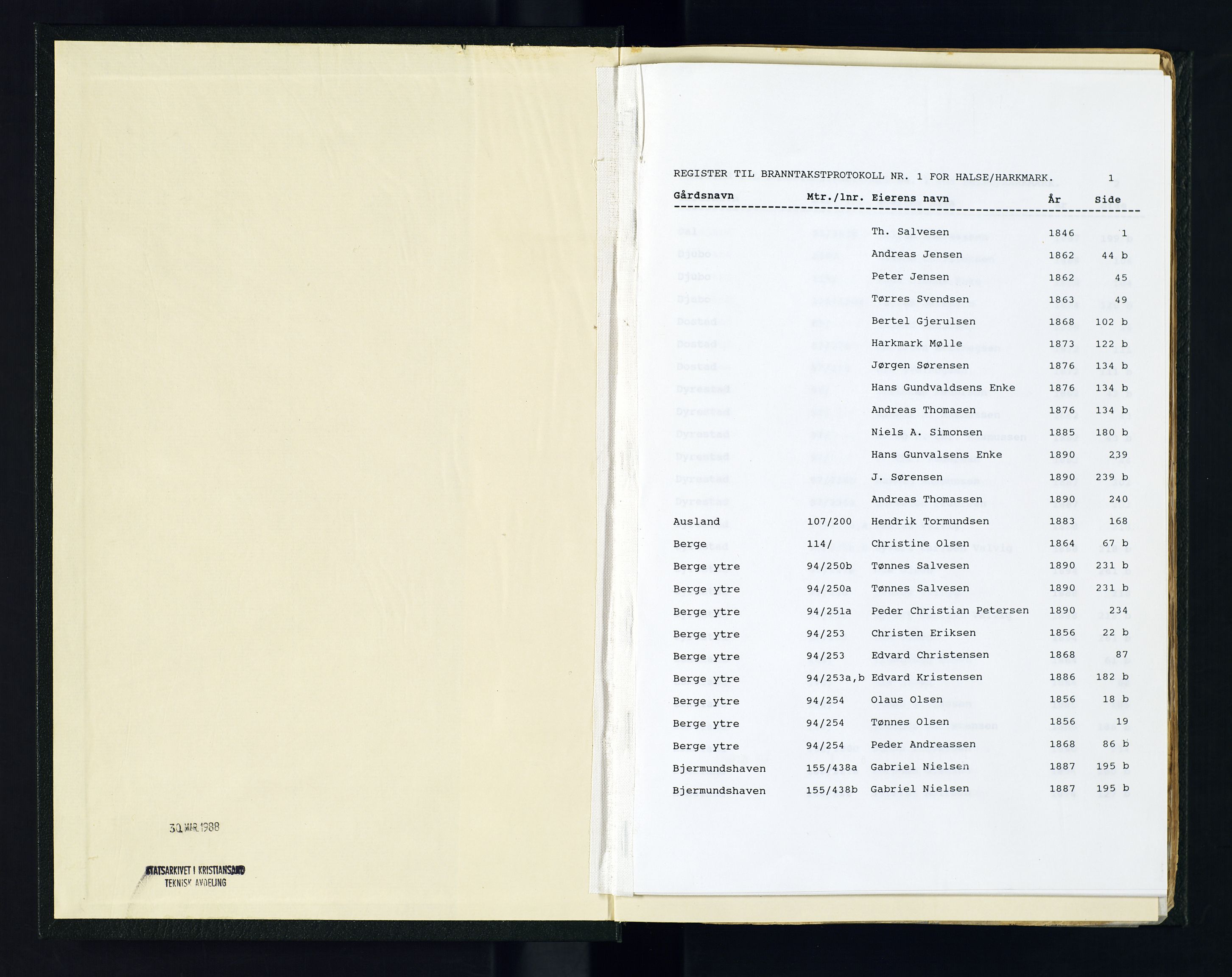 Norges Brannkasse Halse og Harkmark, AV/SAK-2241-0020/F/Fa/L0001: Branntakstprotokoll nr. 1 med gårdsnavnregister, 1846-1894