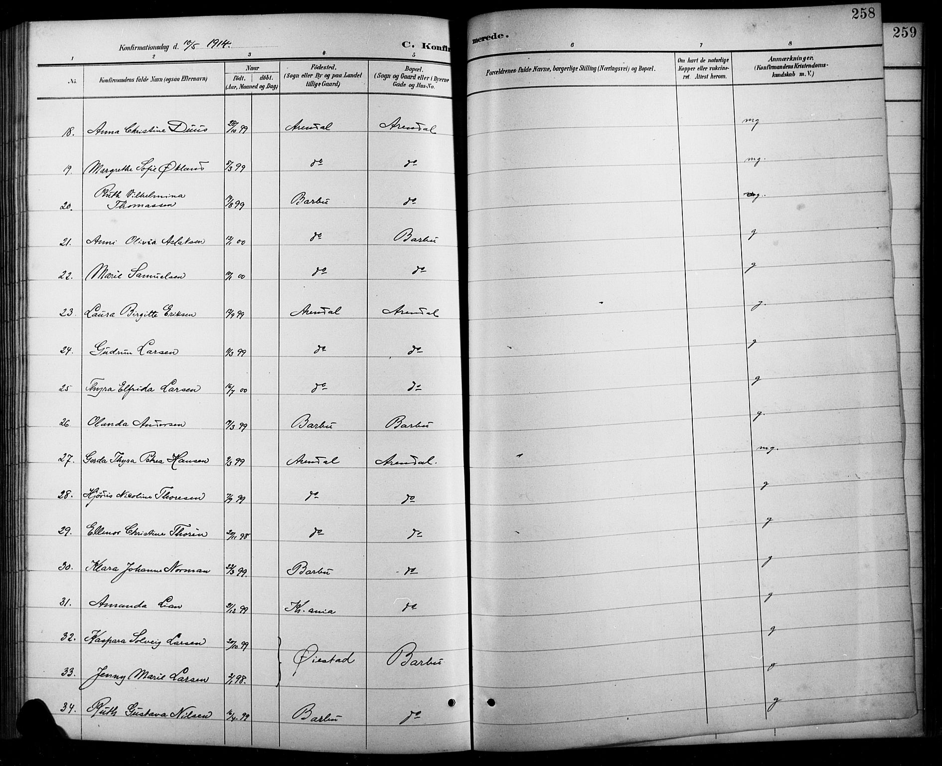 Arendal sokneprestkontor, Trefoldighet, AV/SAK-1111-0040/F/Fb/L0006: Parish register (copy) no. B 6, 1889-1916, p. 258