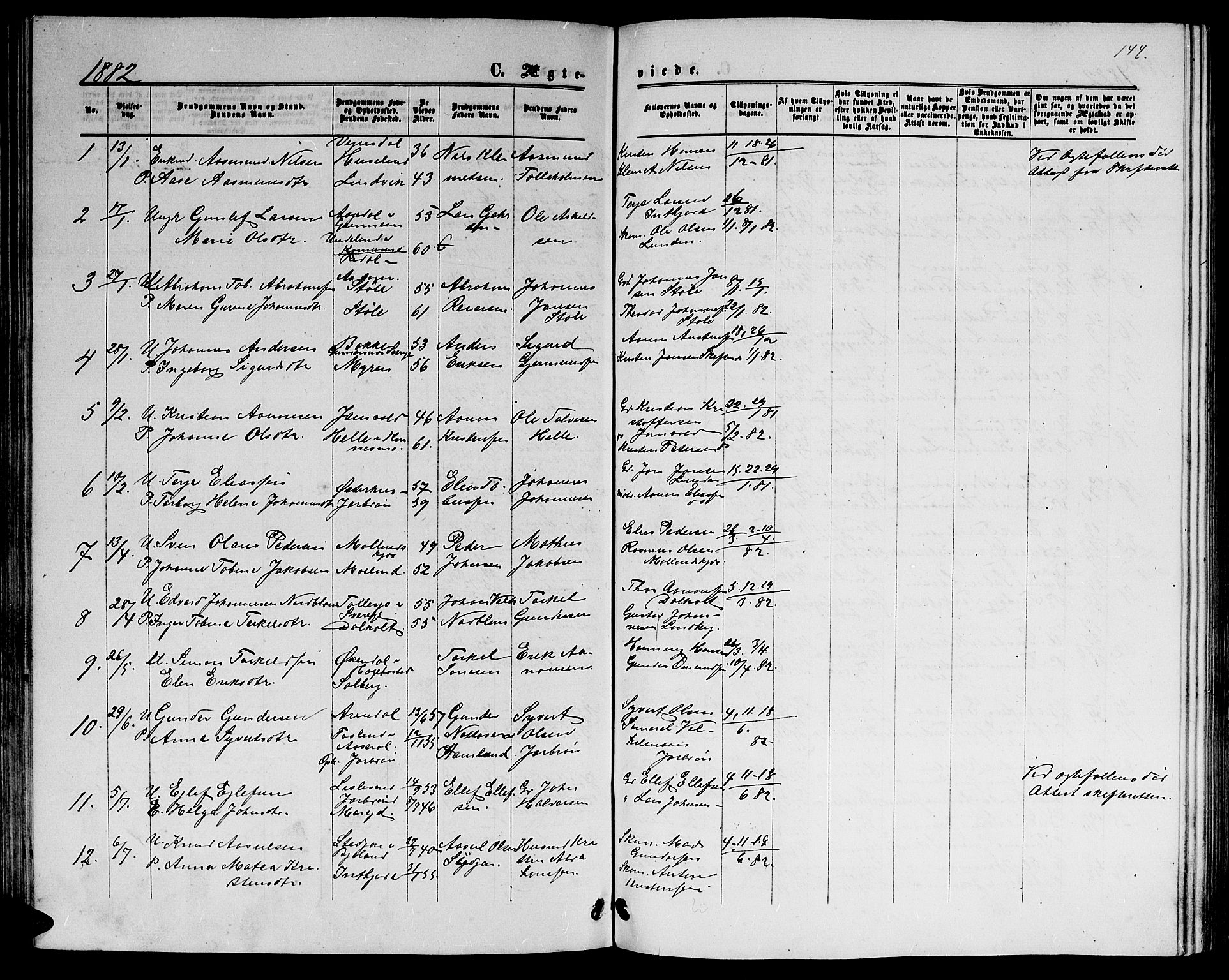 Hommedal sokneprestkontor, SAK/1111-0023/F/Fb/Fbb/L0006: Parish register (copy) no. B 6, 1869-1884, p. 144